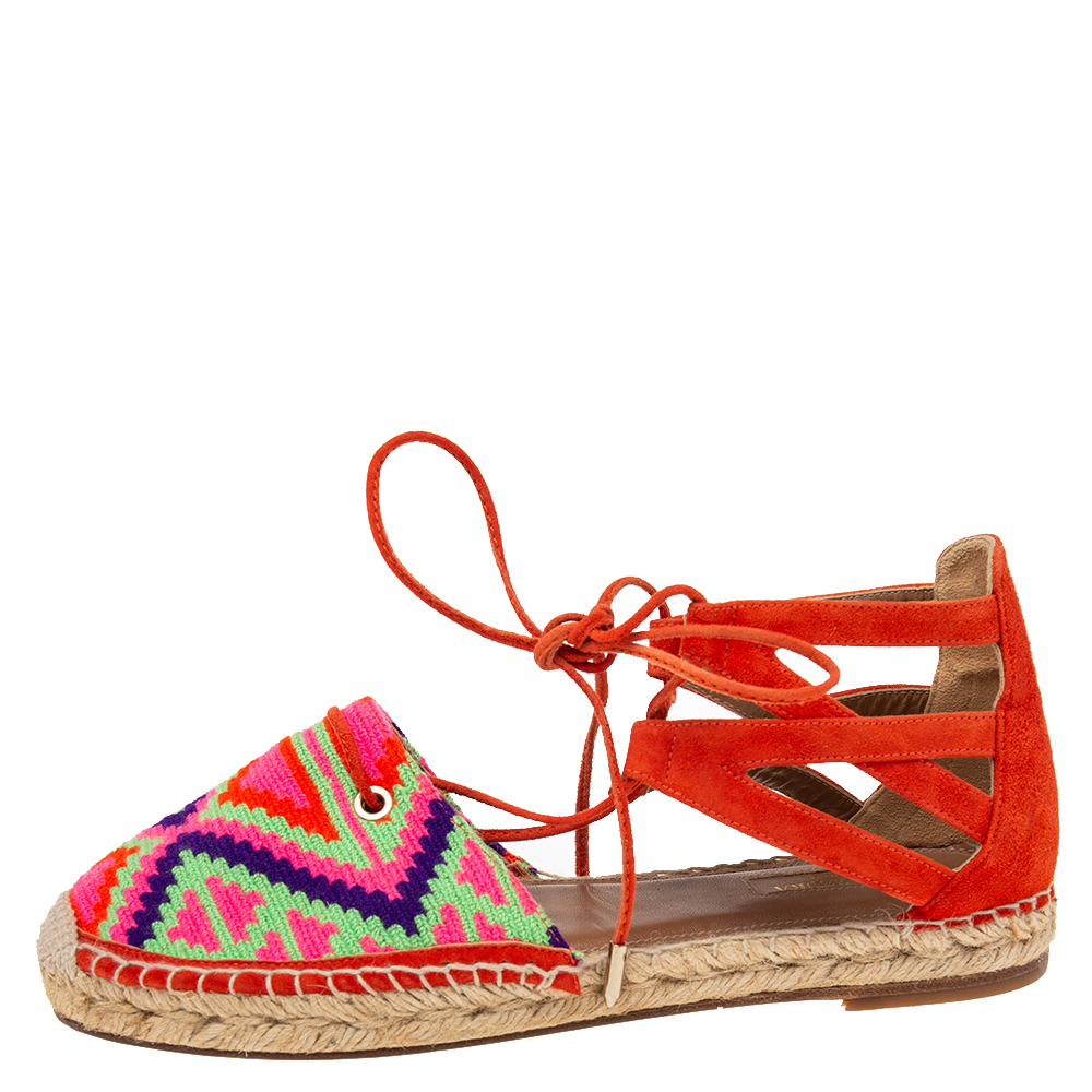 

Aquazzura Multicolor Woven Fabric and Suede Belgravia Lace-Up Espadrille Flats Size