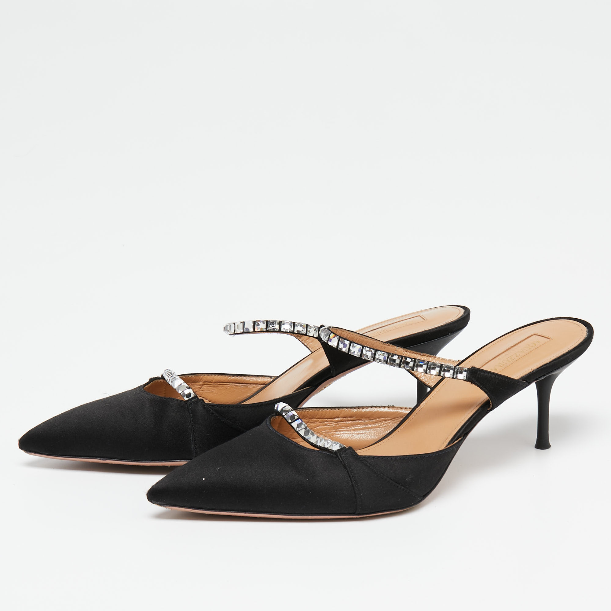 

Aquazzura Black Satin Crystal Embellished Mule Sandals Size