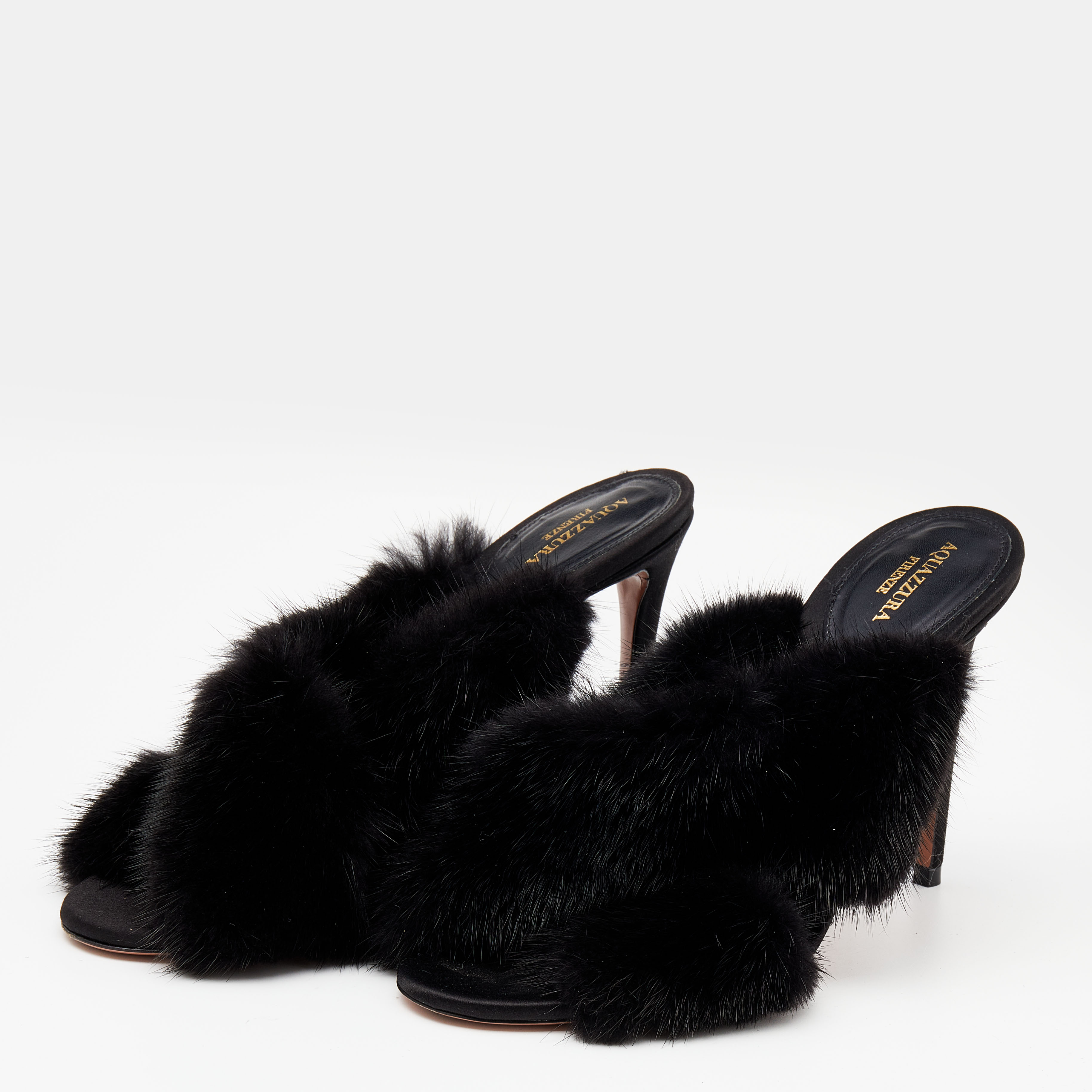 

Aquazzura Black Mink Fur Purr Criss Cross Slide Sandals Size