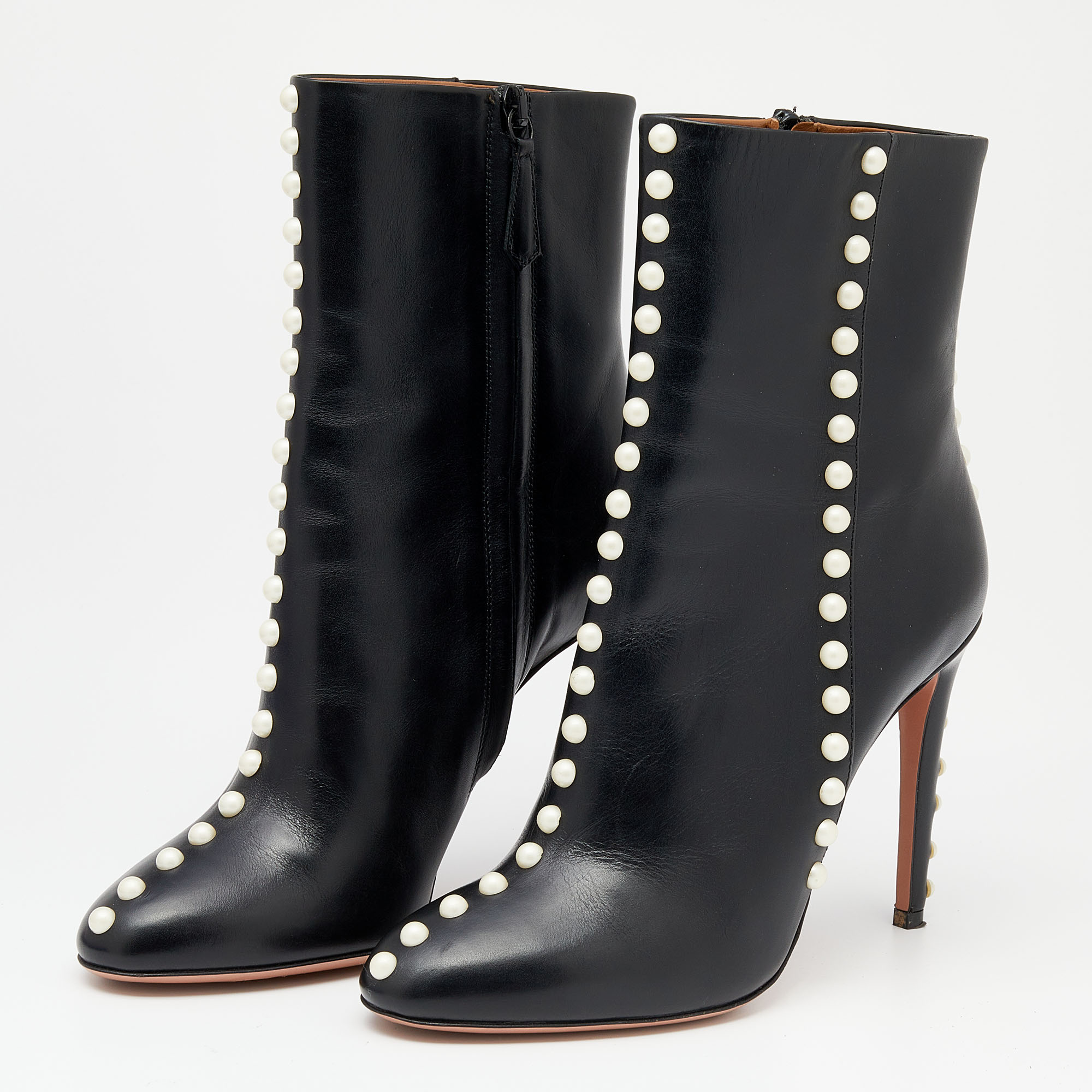 

Aquazzura Black Leather Follie Pearl Ankle Boots Size