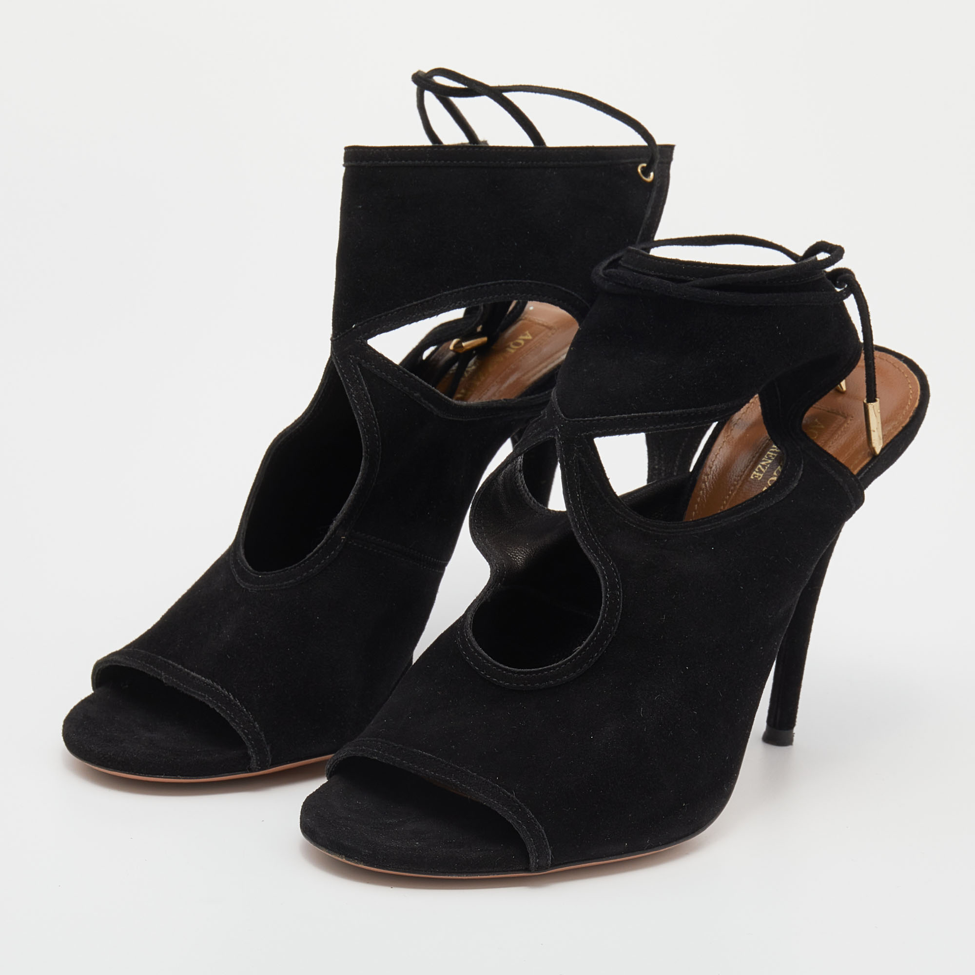 

Aquazzura Black Suede Sexy Thing Tie Up Open Toe Sandals Size