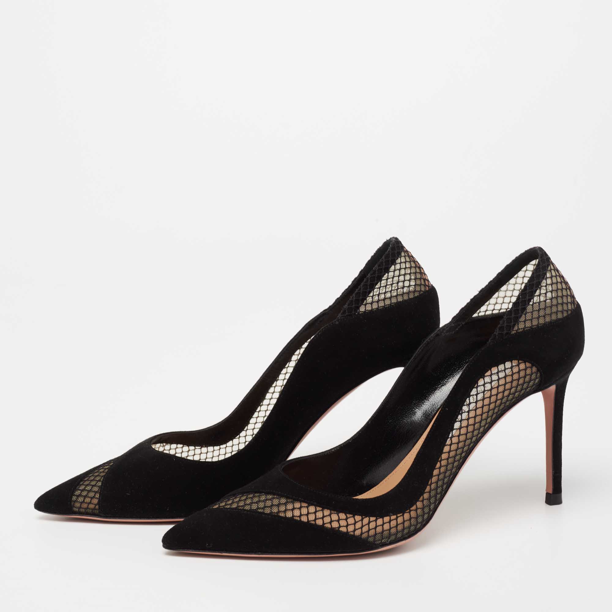 

Aquazzura Black Suede and Trim Mesh Dalia Pumps Size