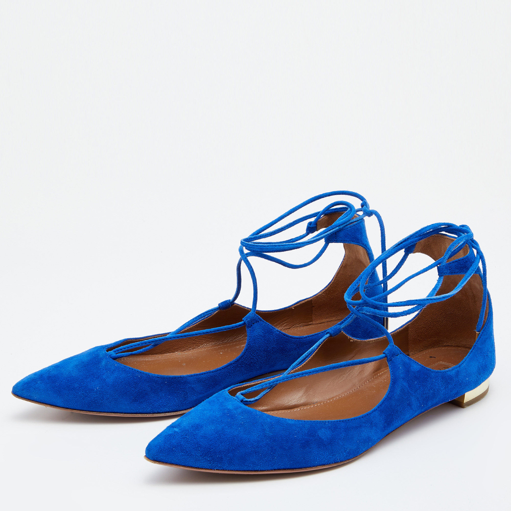 

Aquazzura Blue Suede Christy Ankle Wrap Pointed Toe Ballet Flats Size