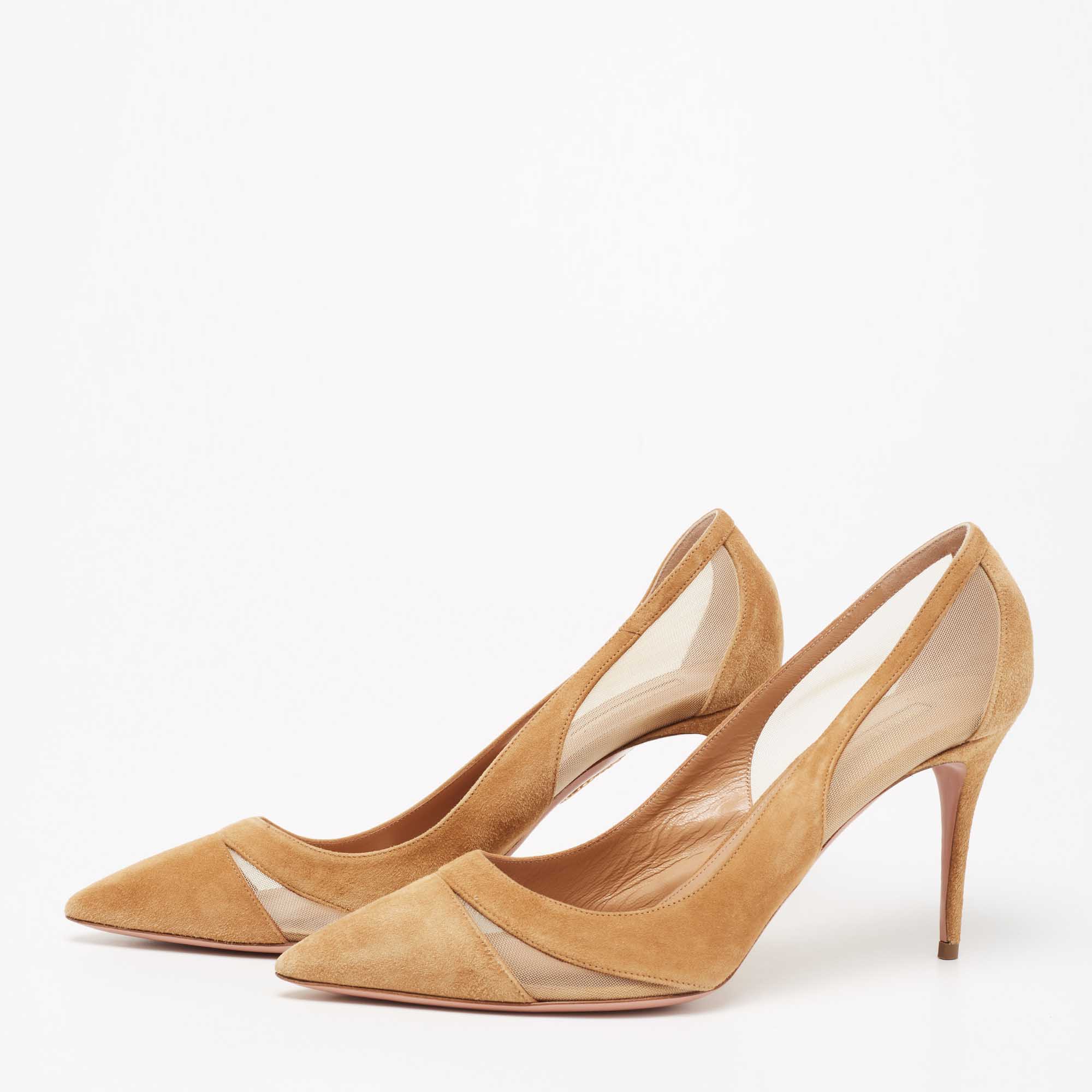 

Aquazzura Tan Suede and Mesh Savoy Pumps Size