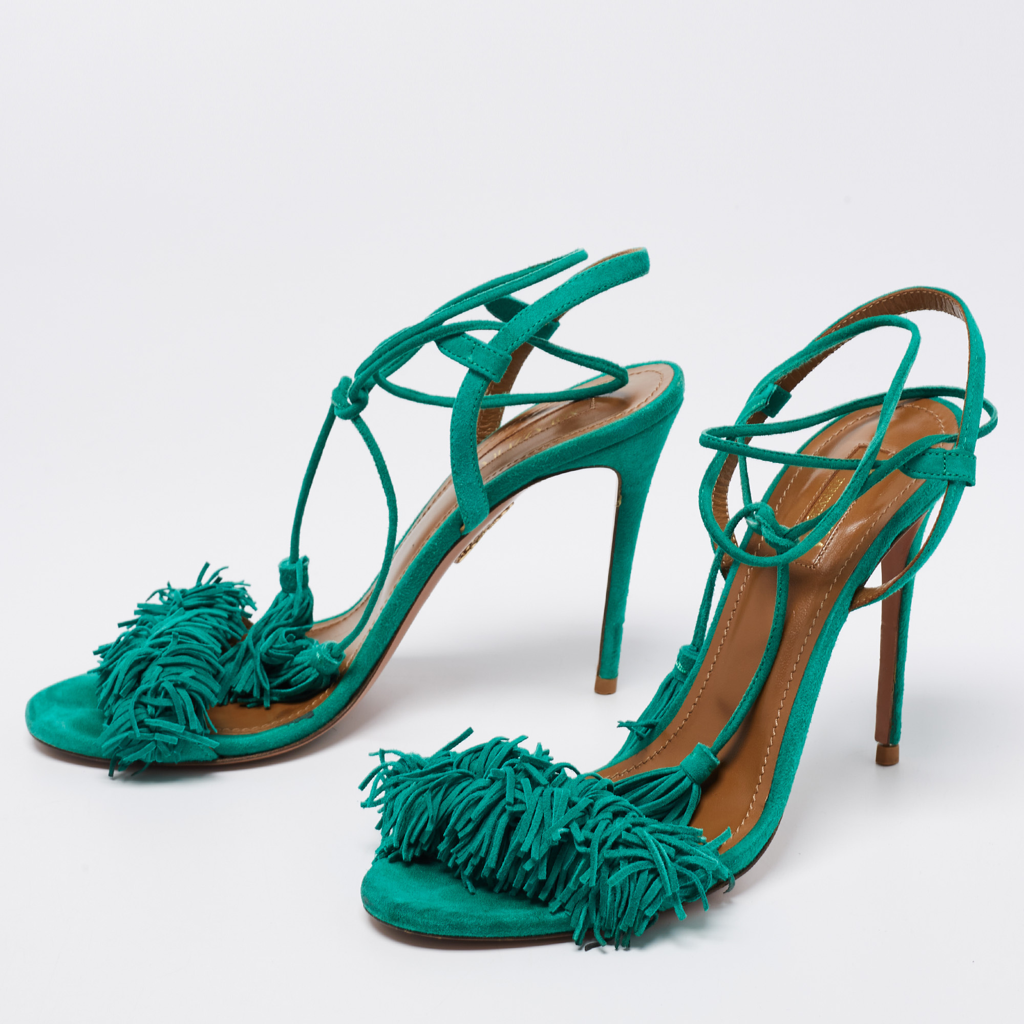 

Aquazzura Teal Green Fringed Suede Wild Thing Tasseled Ankle Wrap Sandals Size