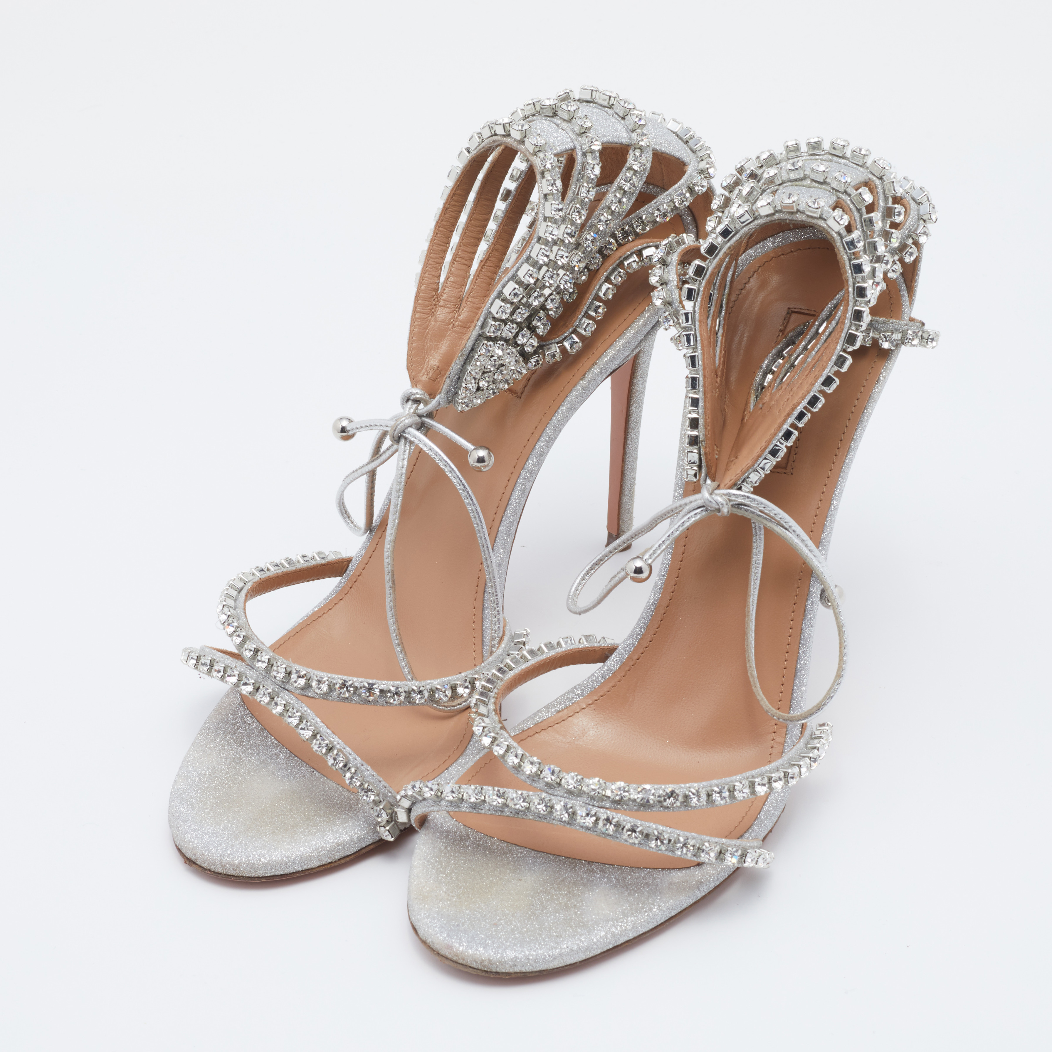 

Aquazzura Metallic Silver Glitter Crystal Embellished Strappy Ankle Wrap Sandals Size