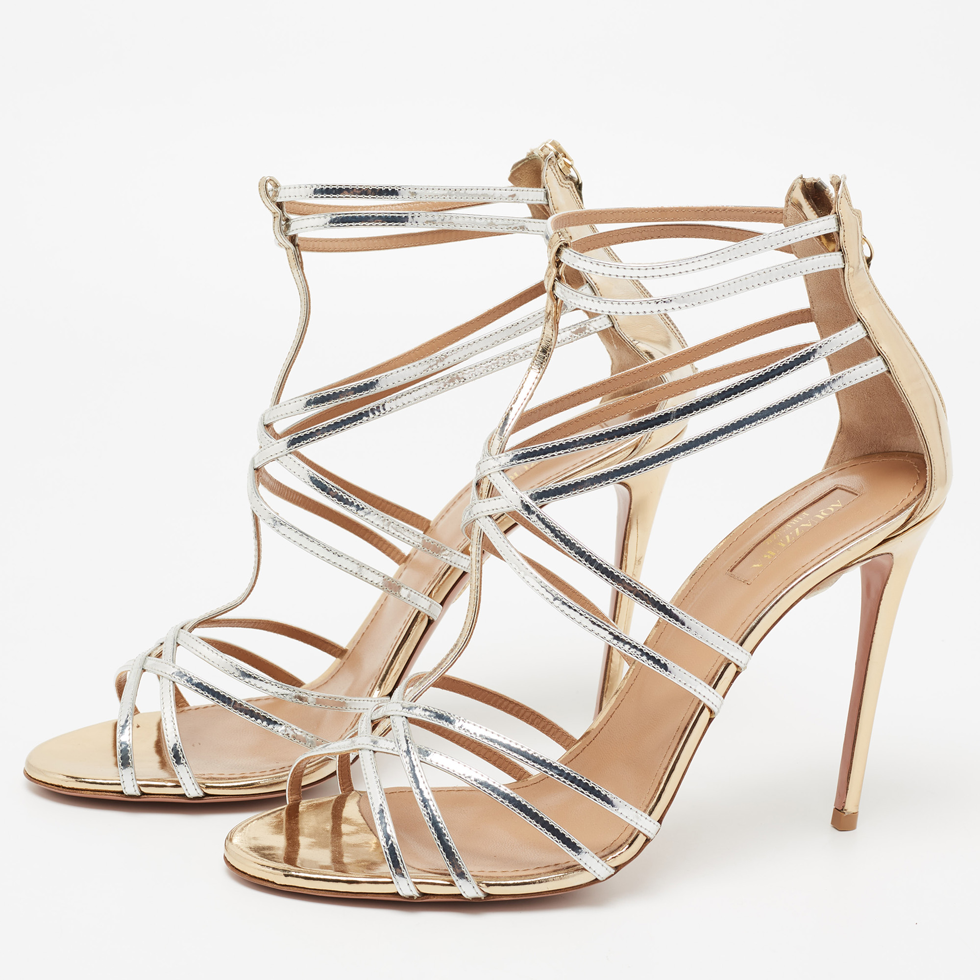 

Aquazzura Silver/Gold Patent Leather Ankle Strappy Sandals Size