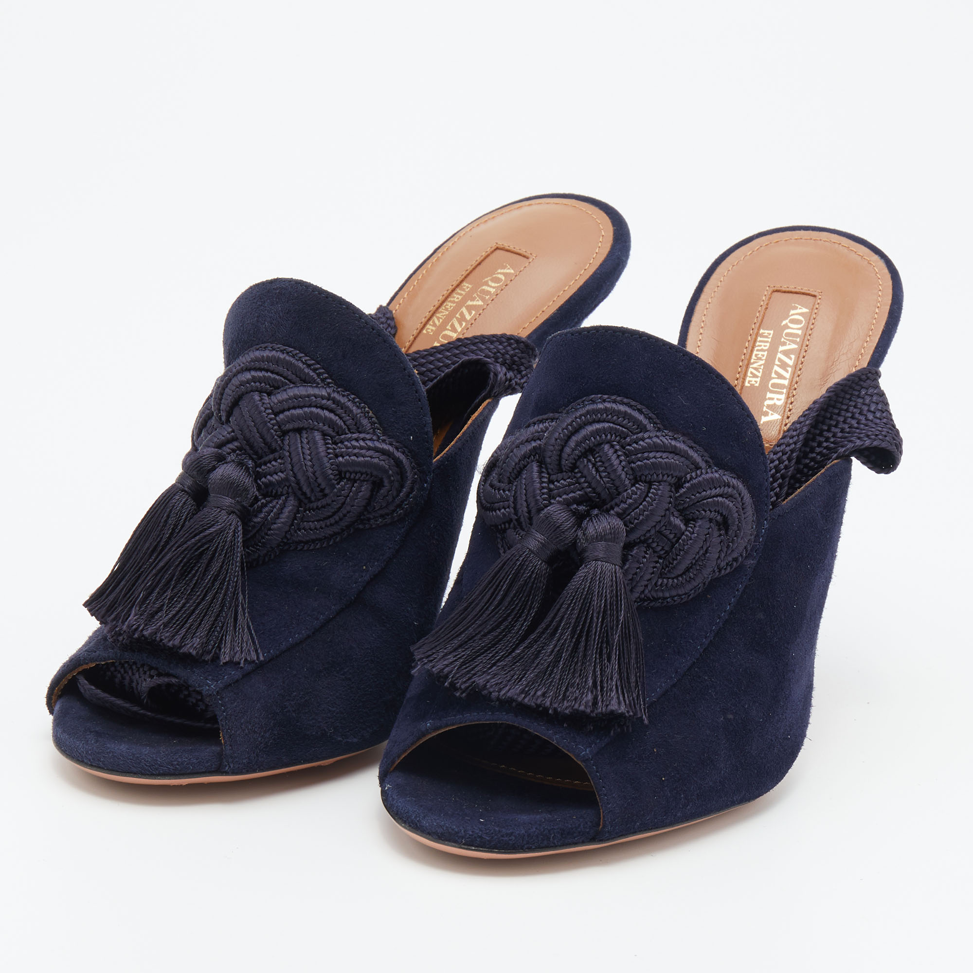 

Aquazzura Navy Blue Suede Tassel Ankle Wrap Sandals Size