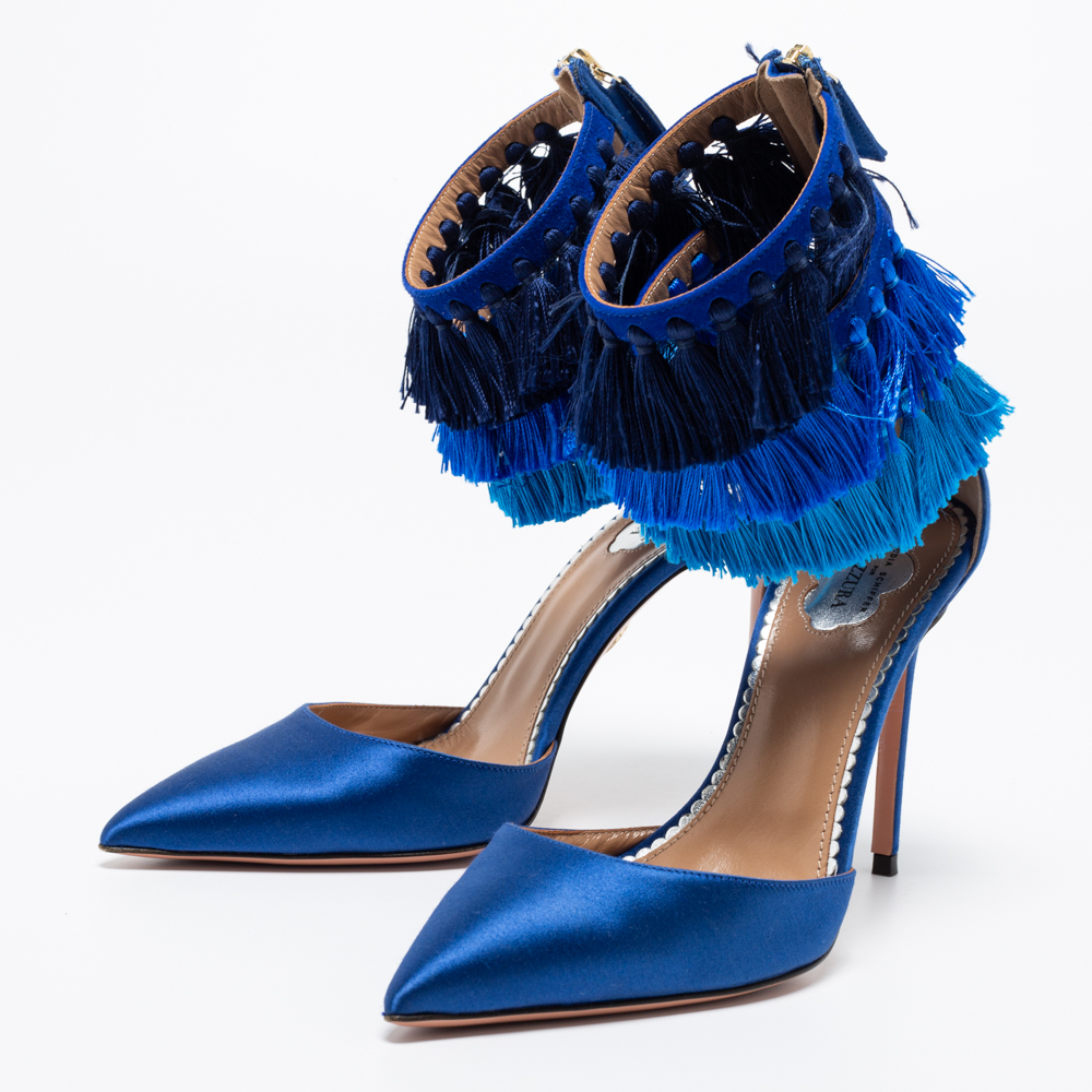 

Aquazzura Blue Satin and Suede Tasseled Loulou Pumps Size