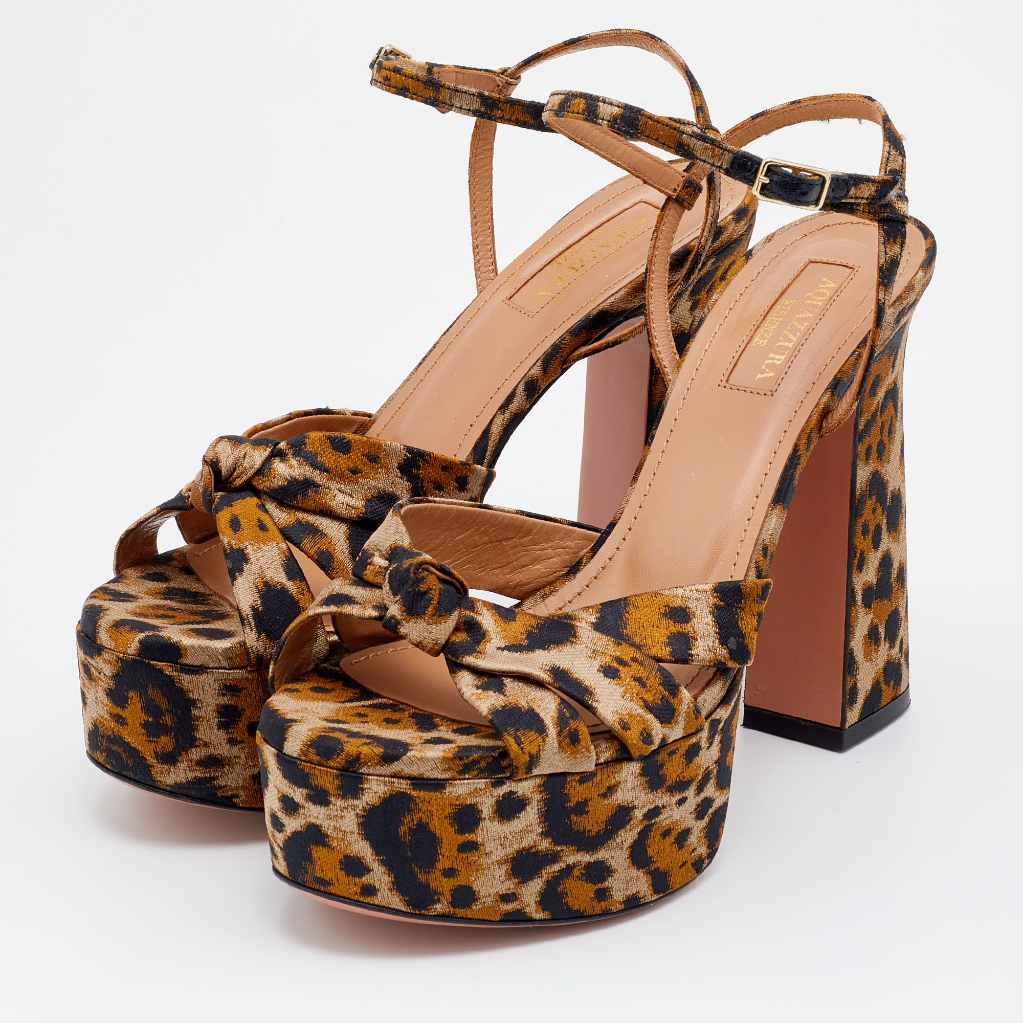 

Aquazzura Caramel Leopard Print Jacquard Fabric Baba Plateau Platform Ankle Strap Sandals Size, Brown