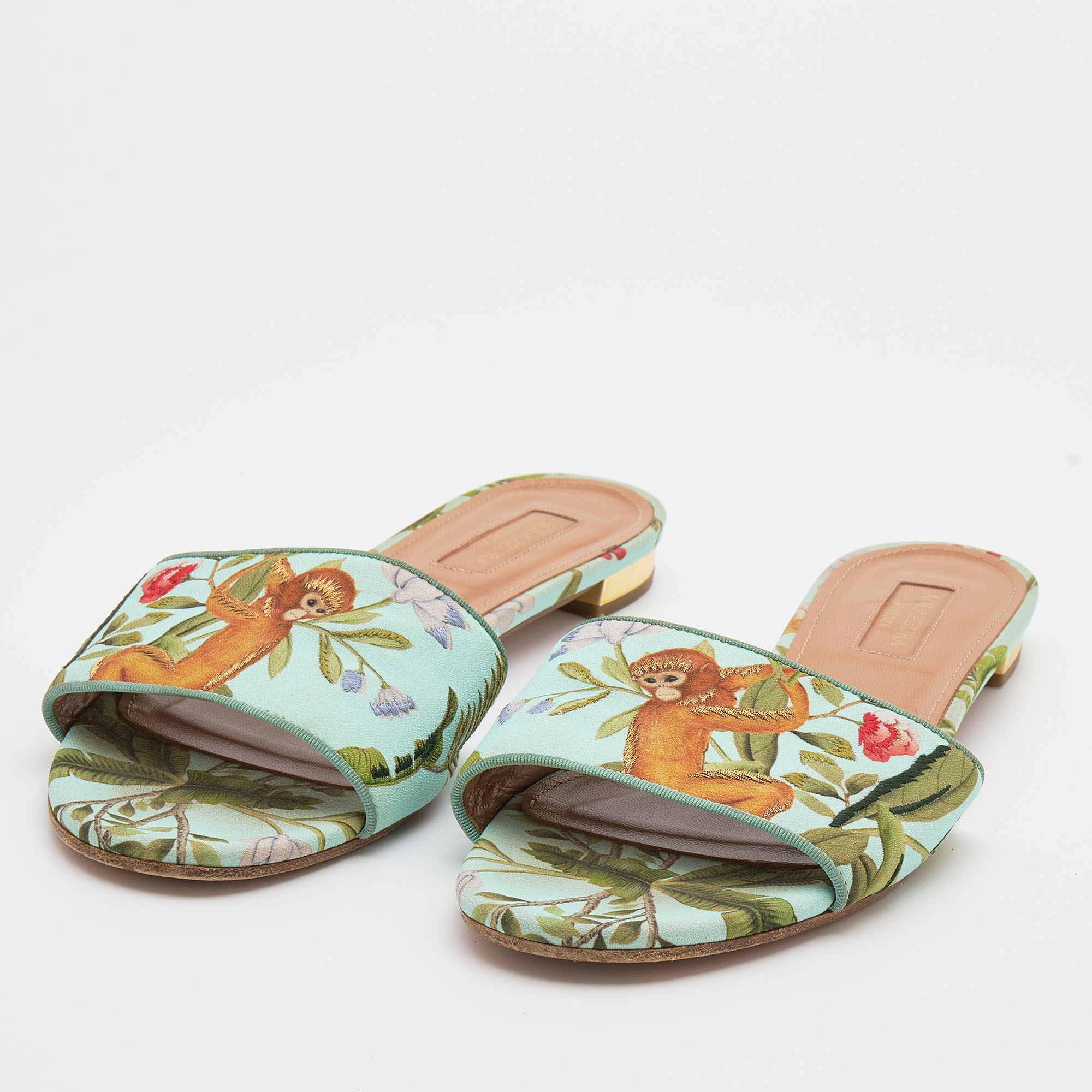 

Aquazzura Multicolor Brocade Fabric Slides Sandals Size
