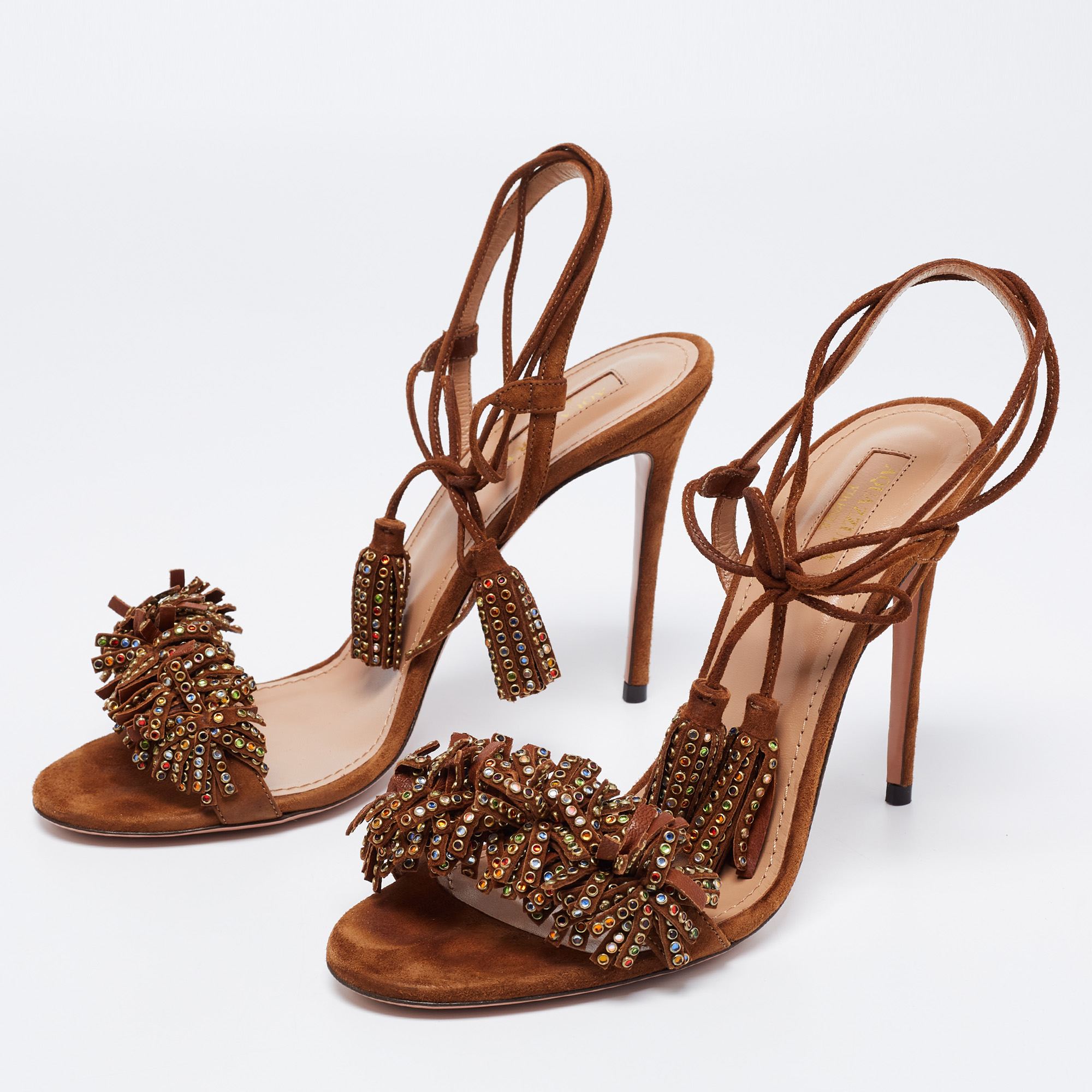 

Aquazzura Brown Suede Wild Crystal Thing Ankle Tie Sandals Size