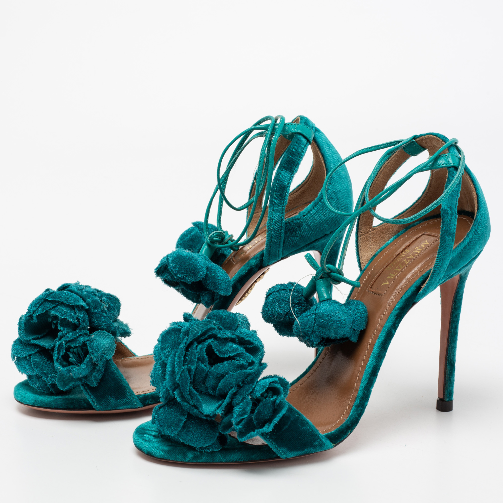 

Aquazzura Green Velvet Wild Flower Ankle Wrap Sandals Size