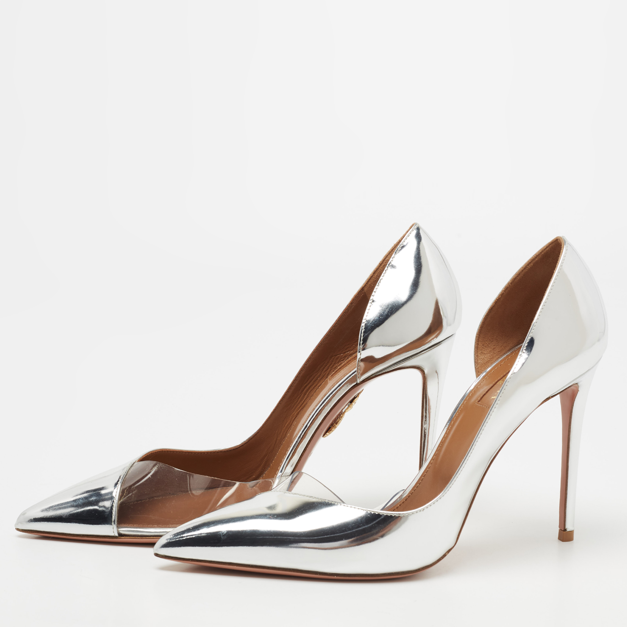 

Aquazzura Metallic Silver Patent Leather And PVC Pointed Toe Pumps Size