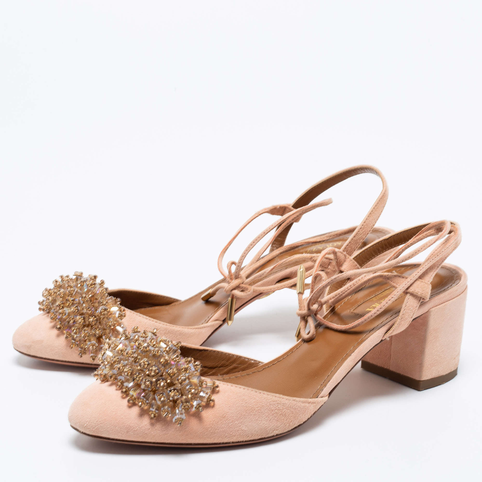 

Aquazzura Peach Pink Suede Crystal Embellished Ankle-Tie Block Heel Sandals Size