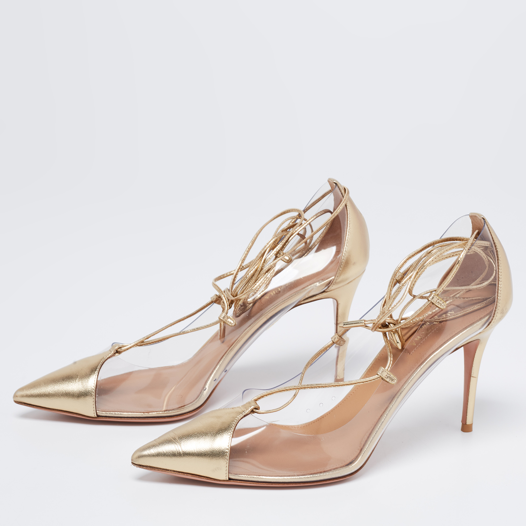 

Aquazzura Gold Leather and PVC Magic Ankle-Tie Pumps Size