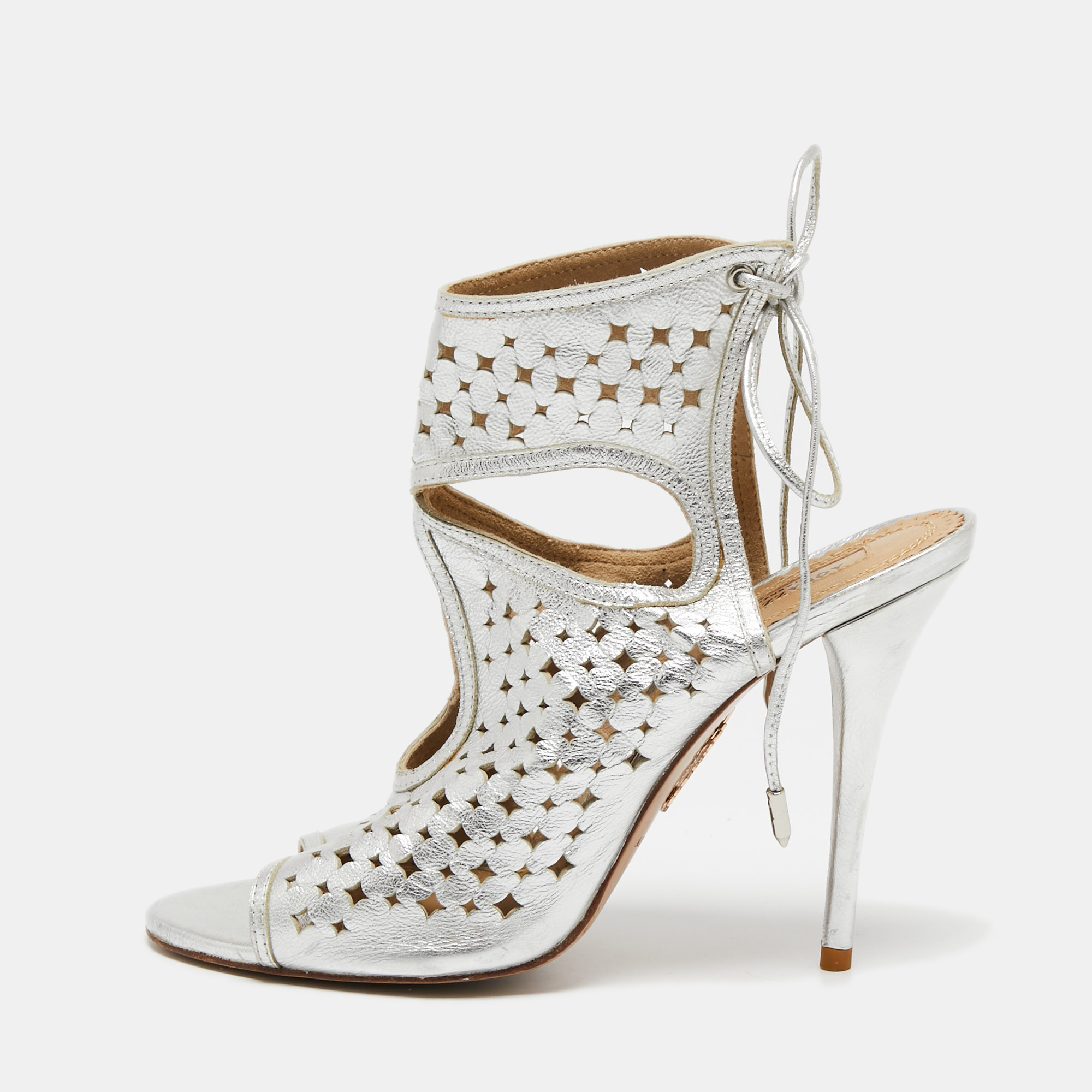 

Aquazzura Silver Leather Laser Cut Sexy Thing Ankle Tie Sandals Size