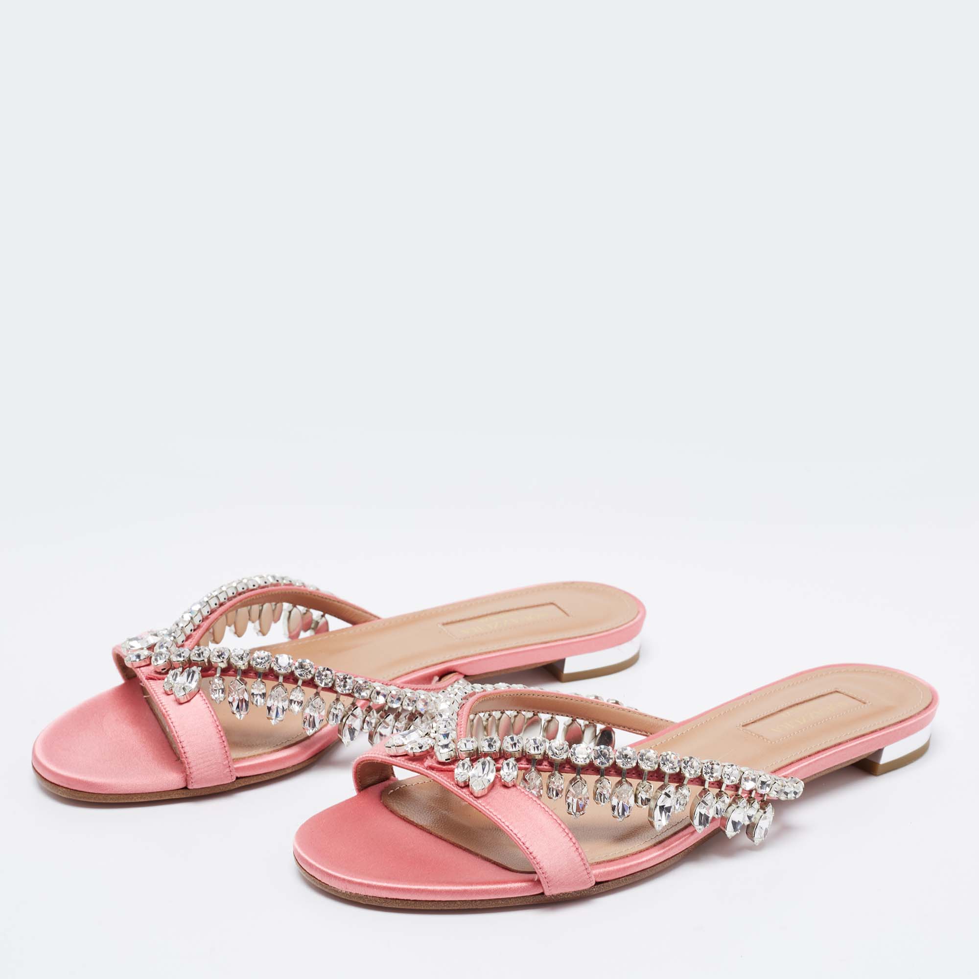 

Aquazzura Pink Satin Crystal Embellished Flat Slides Size