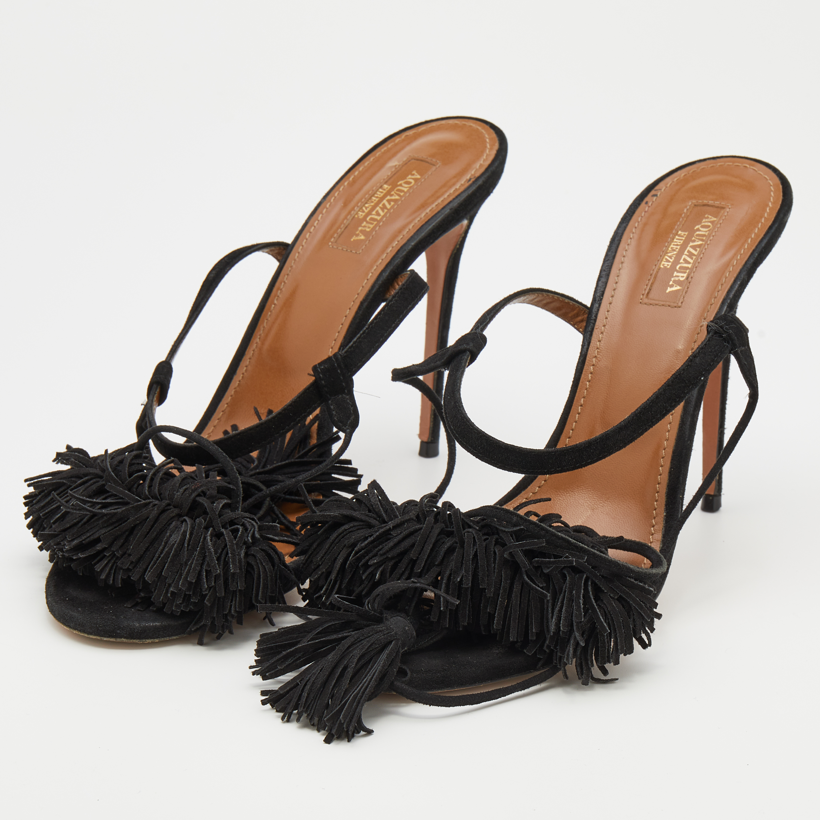 

Aquazzura Black Fringed Suede Wild Thing Ankle Wrap Sandals Size