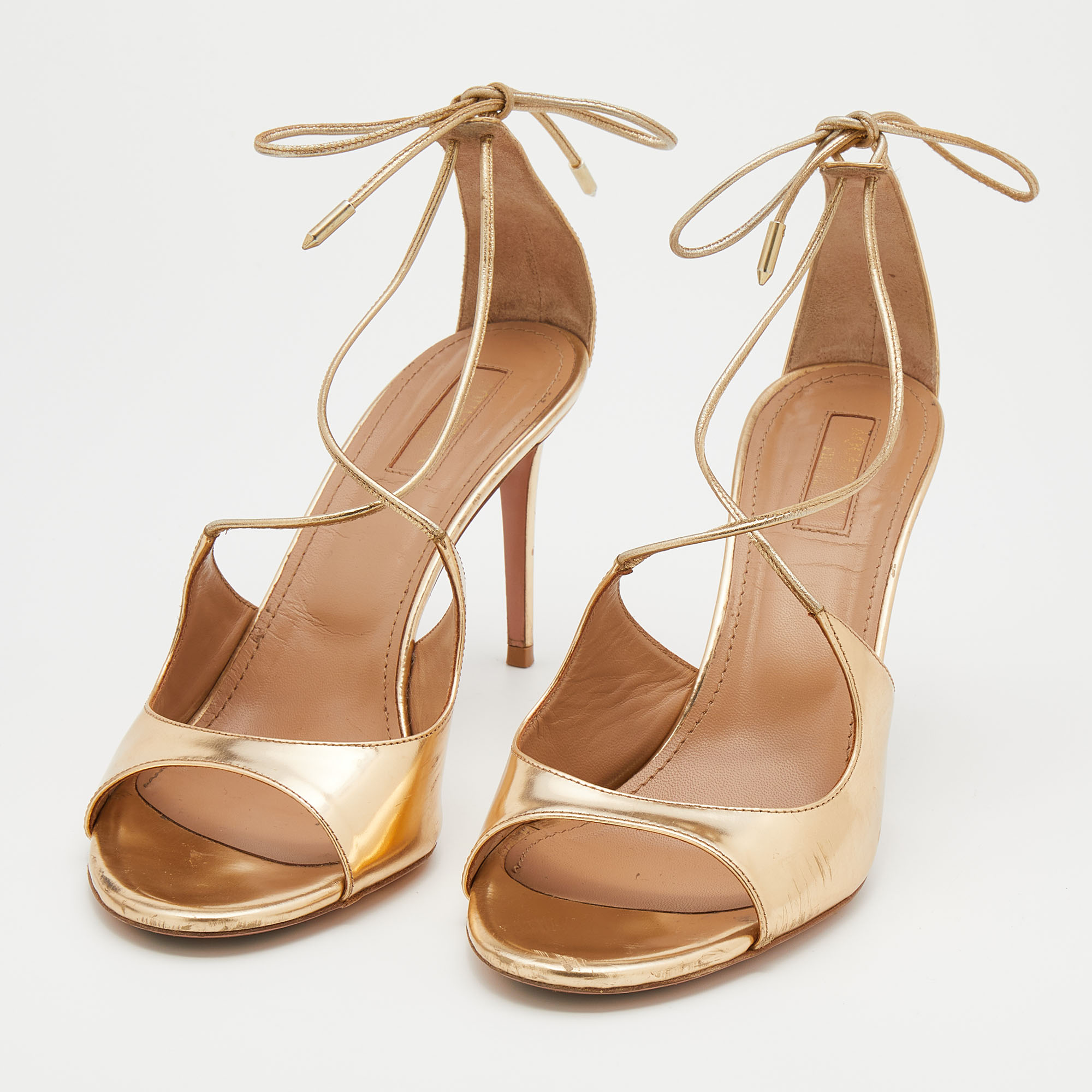 

Aquazzura Metallic Gold Leather Sofia Ankle Wrap Sandals Size