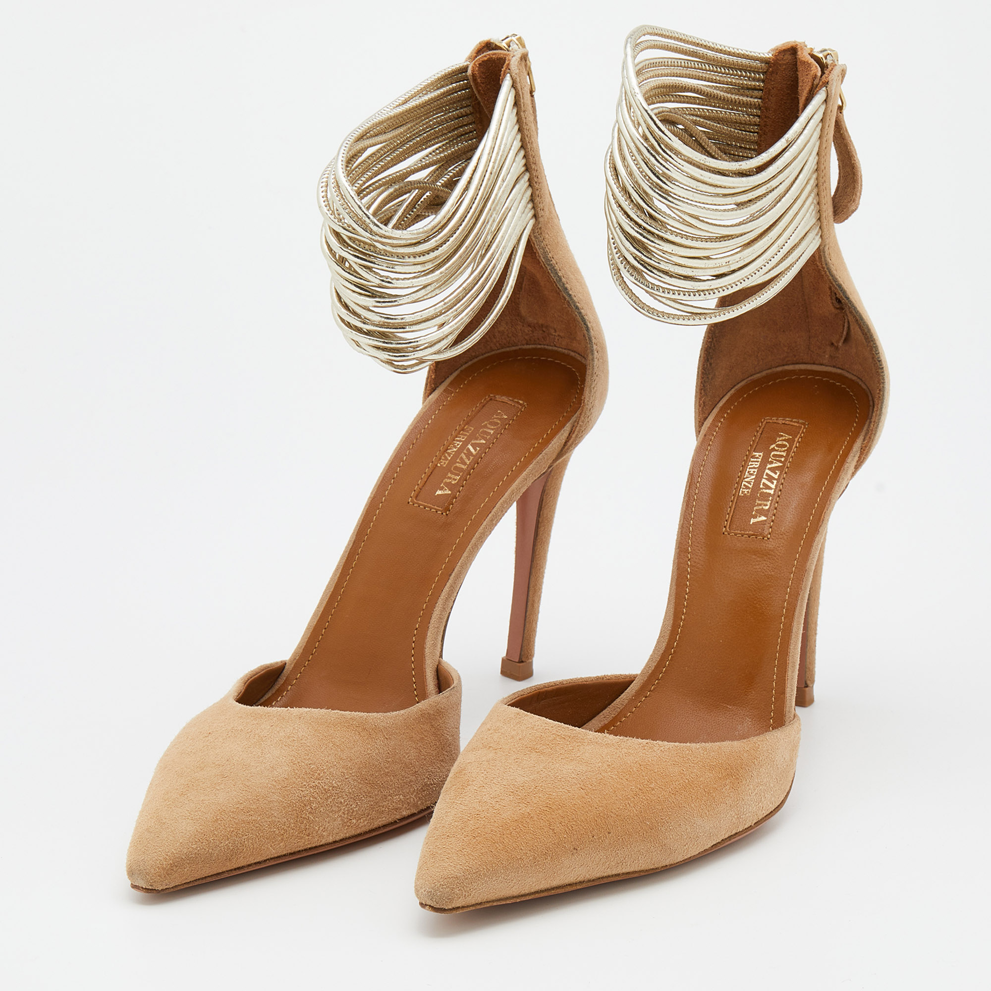 

Aquazzura Beige/Light Gold Suede and Leather Hello Lover Ankle Strap Pumps Size