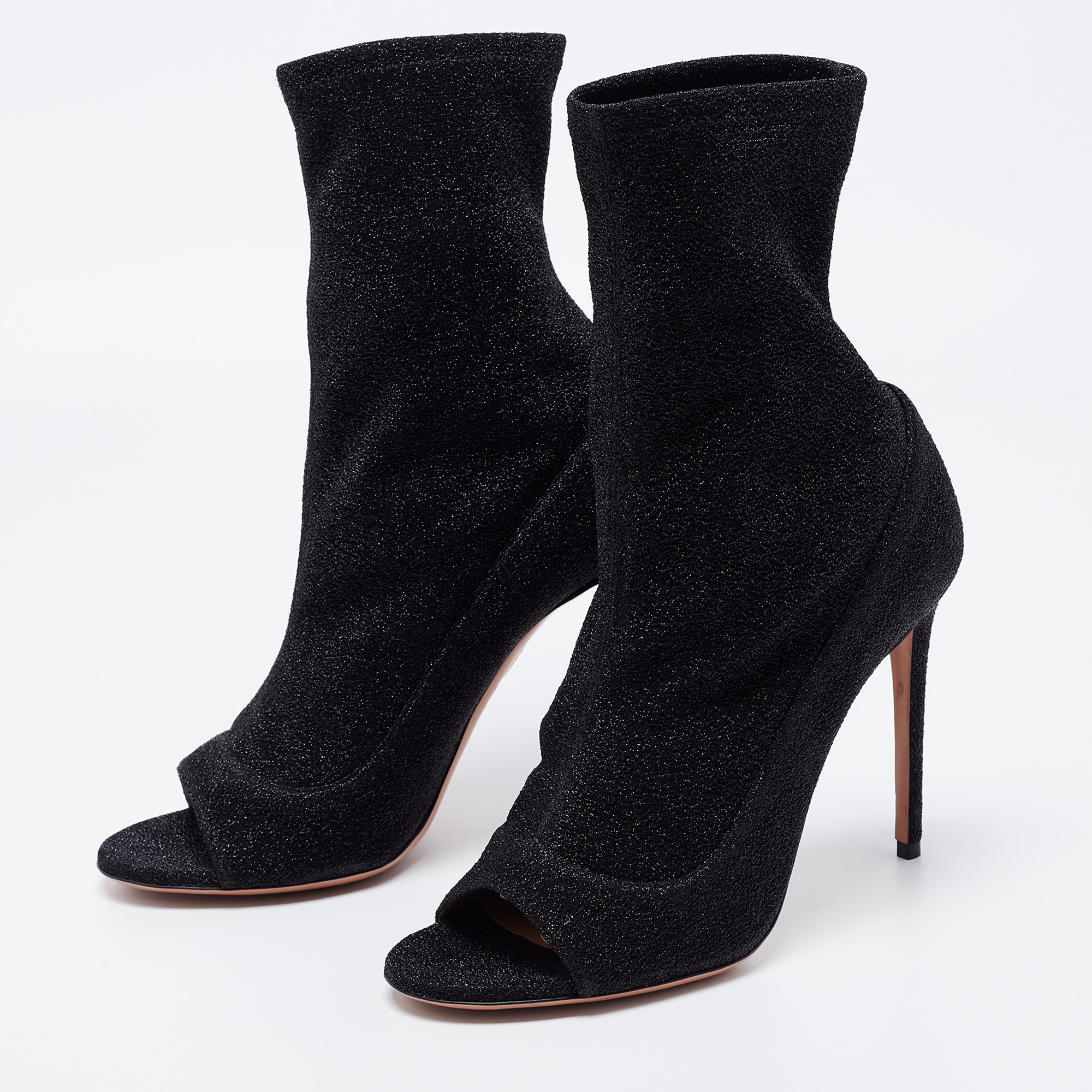 

Aquazzura Black Metallic Lurex Fabric Eclair Open Toe Ankle Boots Size