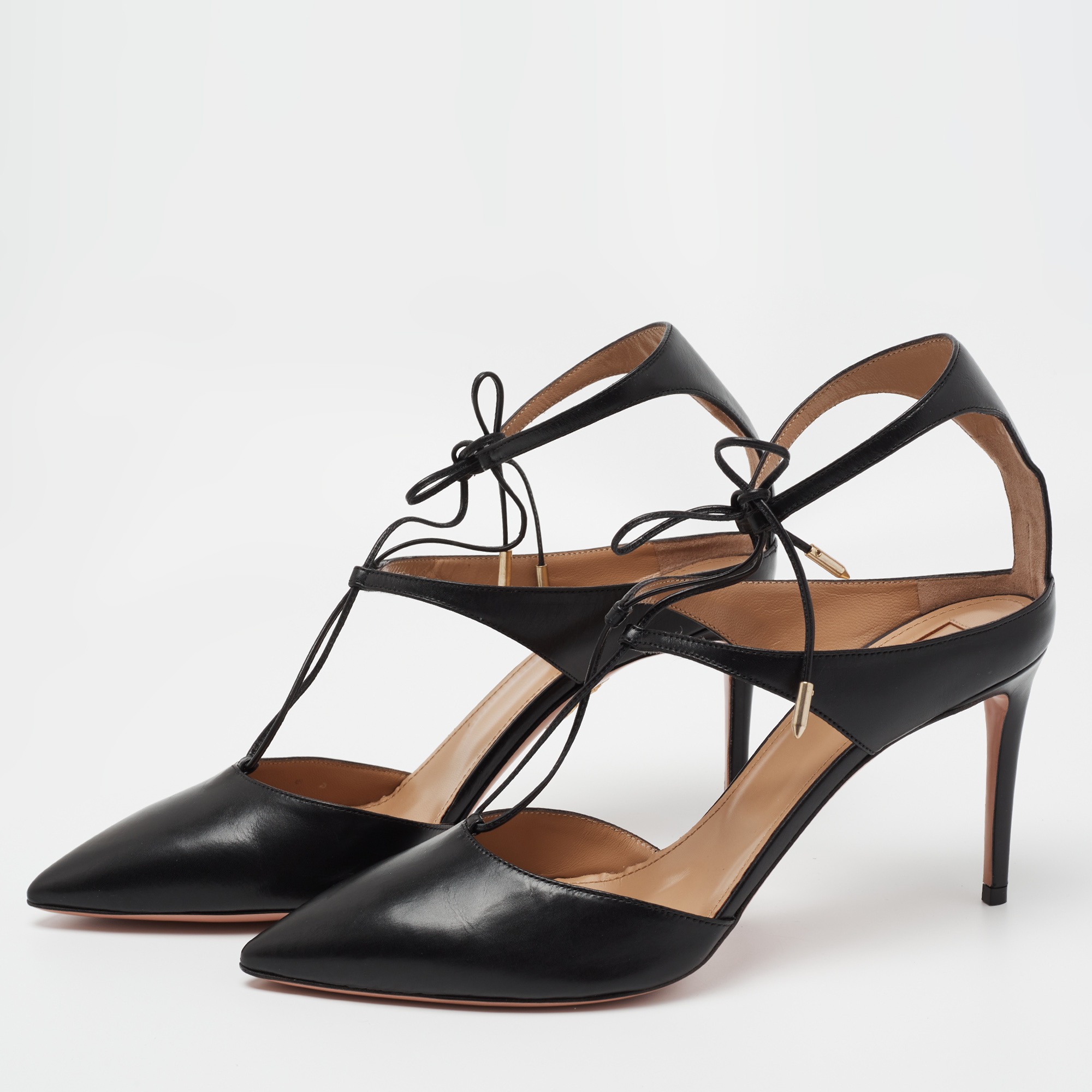 

Aquazzura Black Leather Manhattan Ankle Wrap Pumps Size