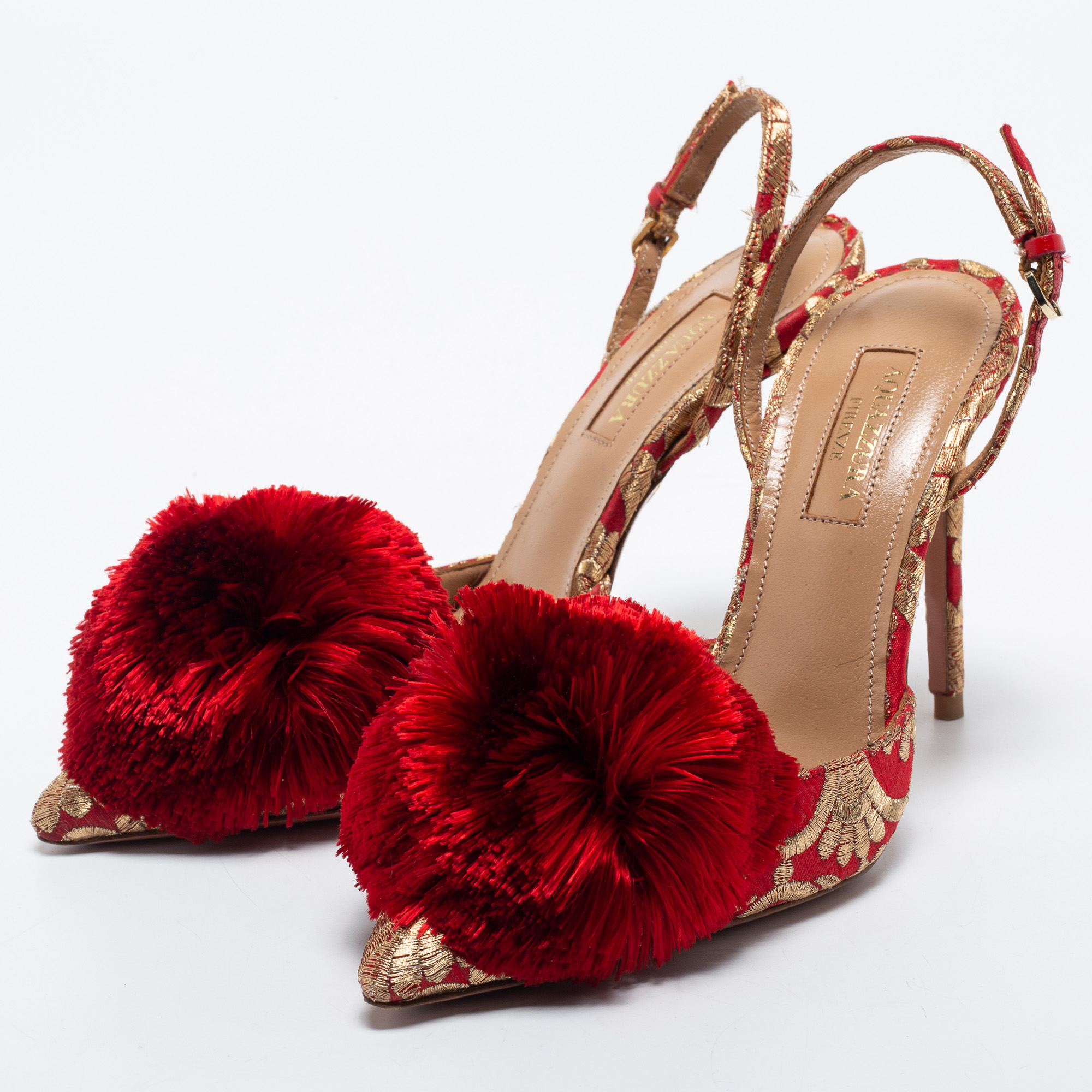 

Aquazzura Red Brocade Fabric Slingback Sandals Size