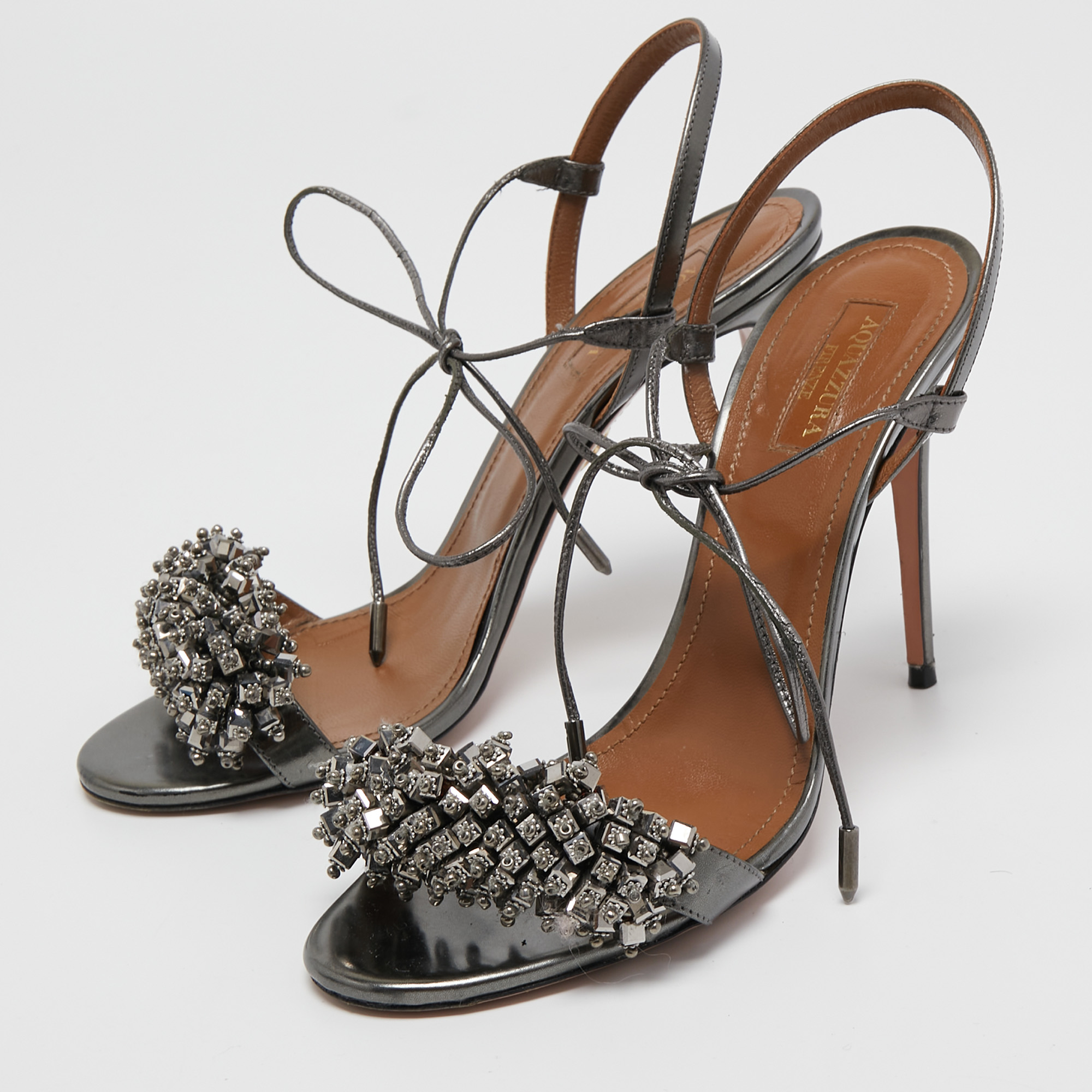 

Aquazzura Metallic Grey Leather Monaco Ankle Tie Sandals Size