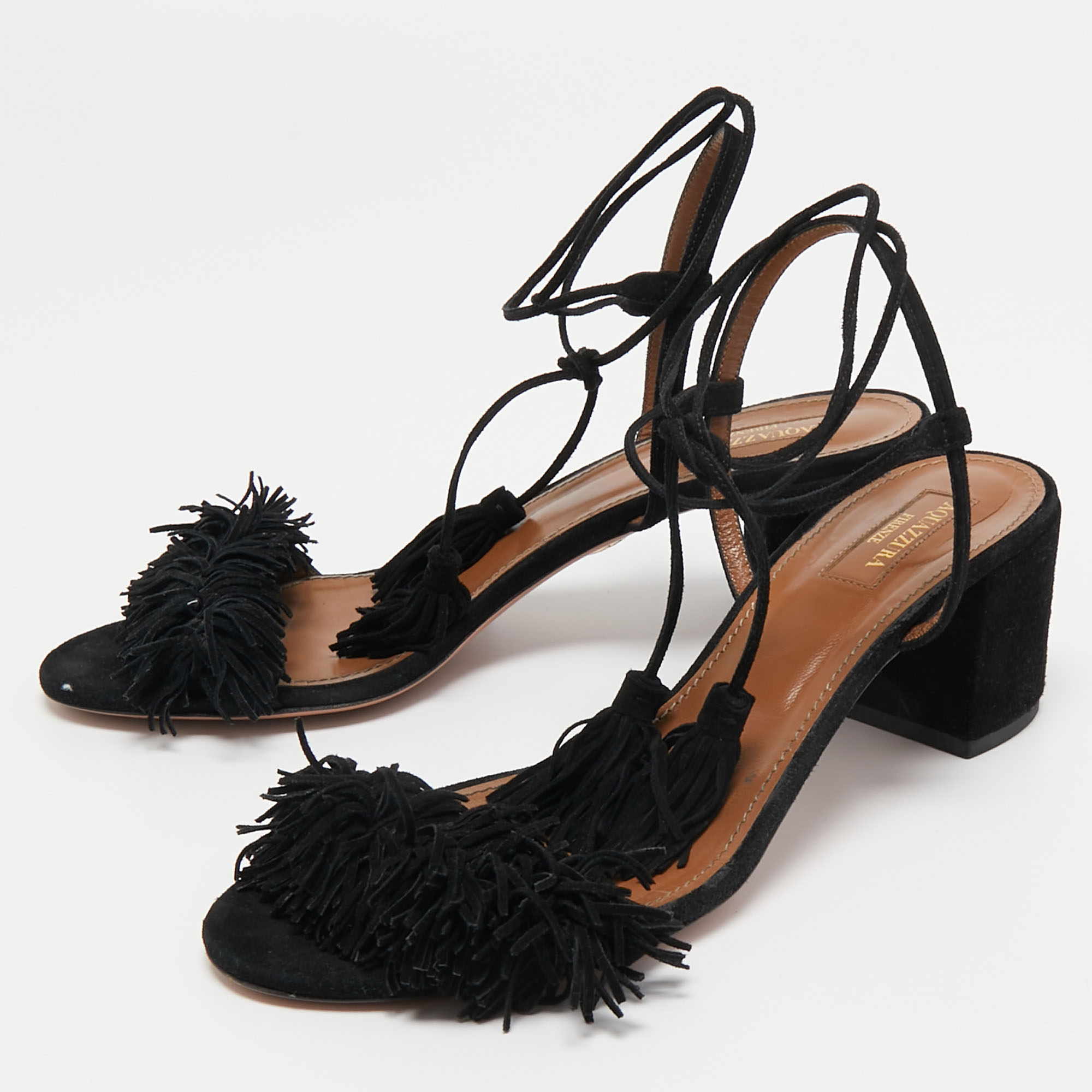 

Aquazzura Black Suede Wild Thing Fringe Ankle Wrap Sandals Size