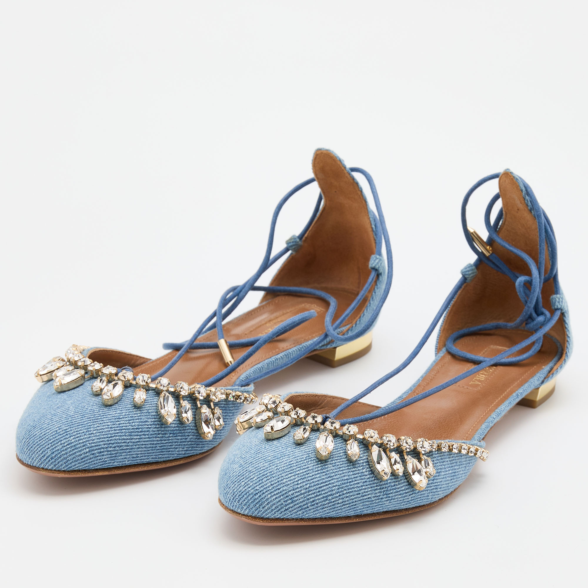 

Aquazzura Light Blue Denim Alexa Crystal Embellished Ankle Tie Up Flats Size