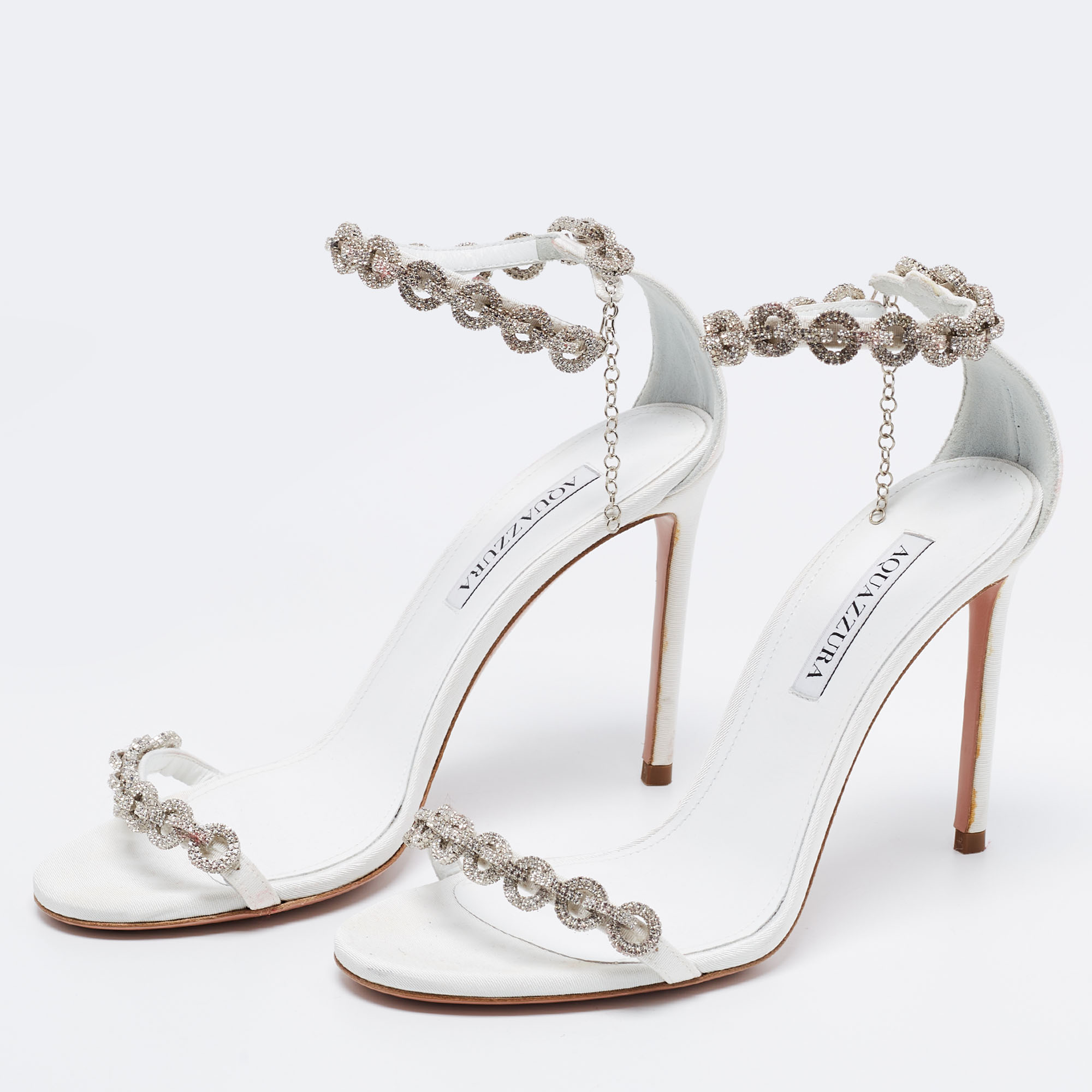 

Aquazzura White Fabric Love Link Ankle Strap Sandals Size