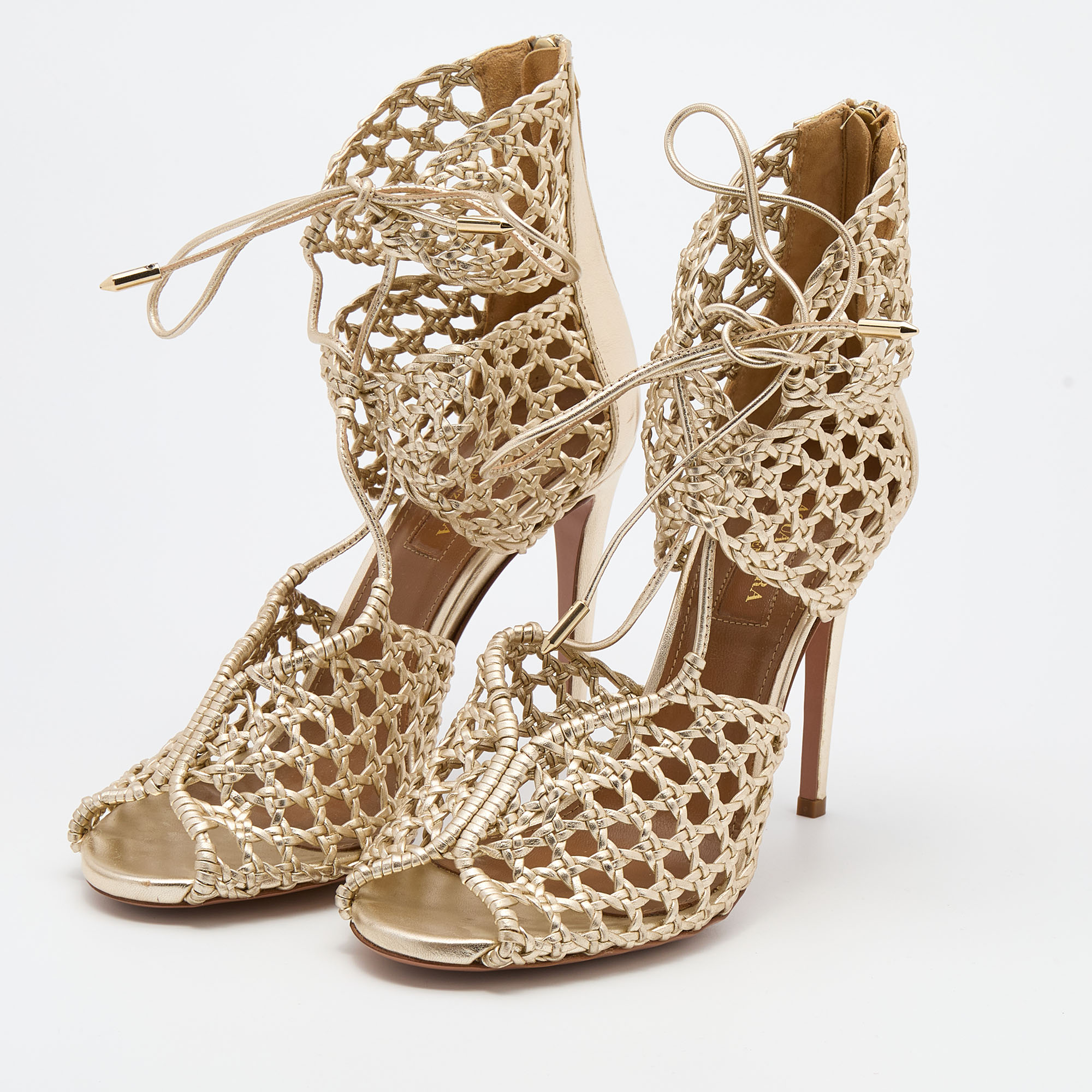 

Aquazzura Gold Woven Leather Ankle Tie Up Sandals Size