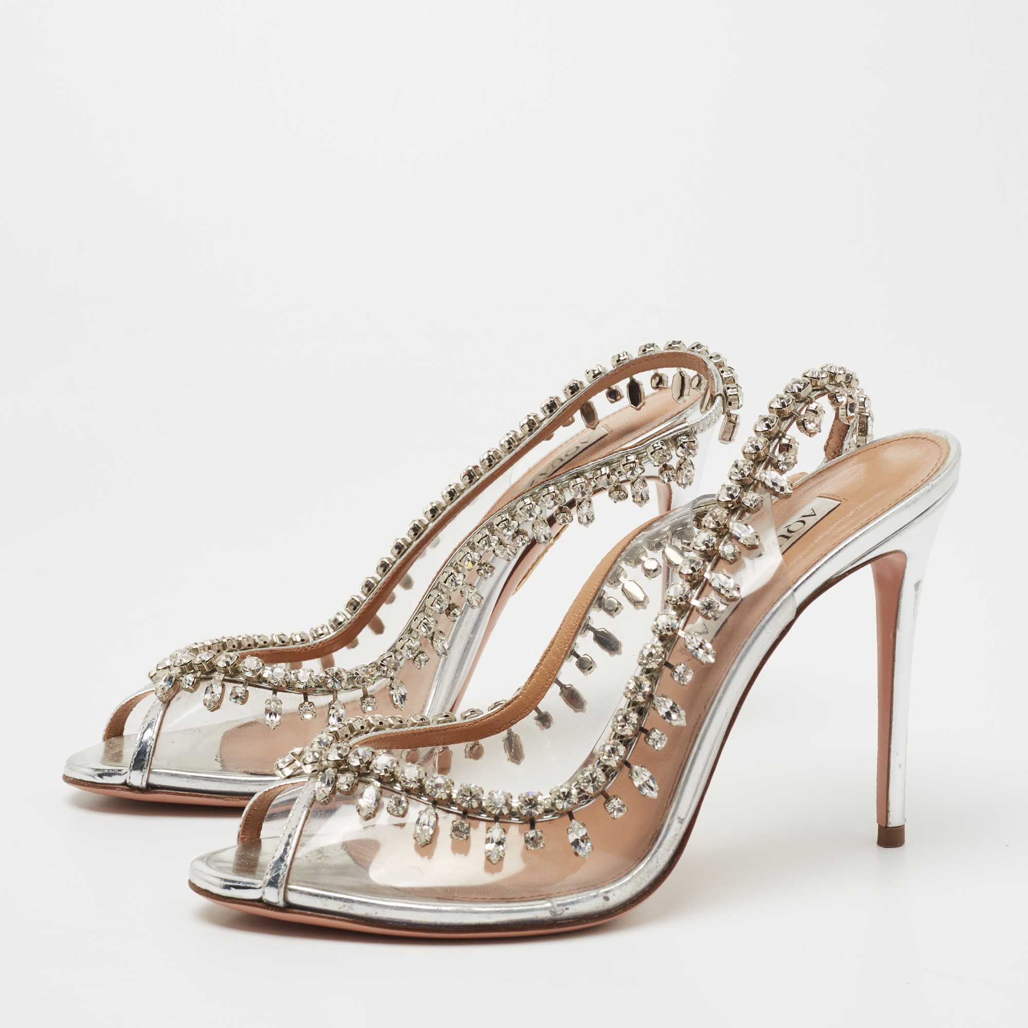 

Aquazzura Silver Leather and PVC Temptation Slingback Pumps Size