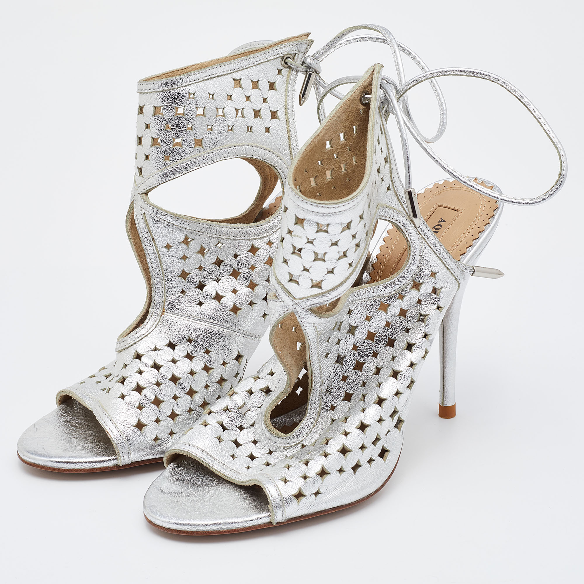 

Aquazzura Silver Laser Cut Leather Sexy Thing Sandals Size