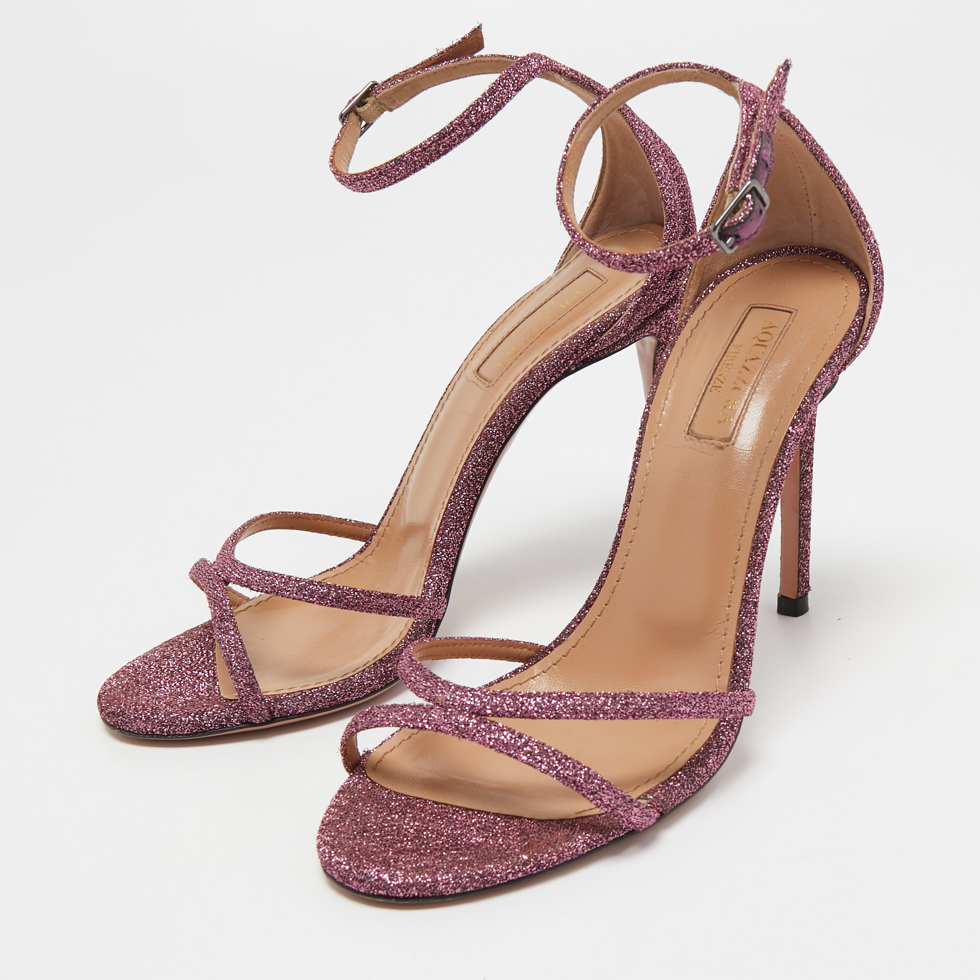 

Aquazzura Pink Glitter Fabric Ankle Strap Sandals Size