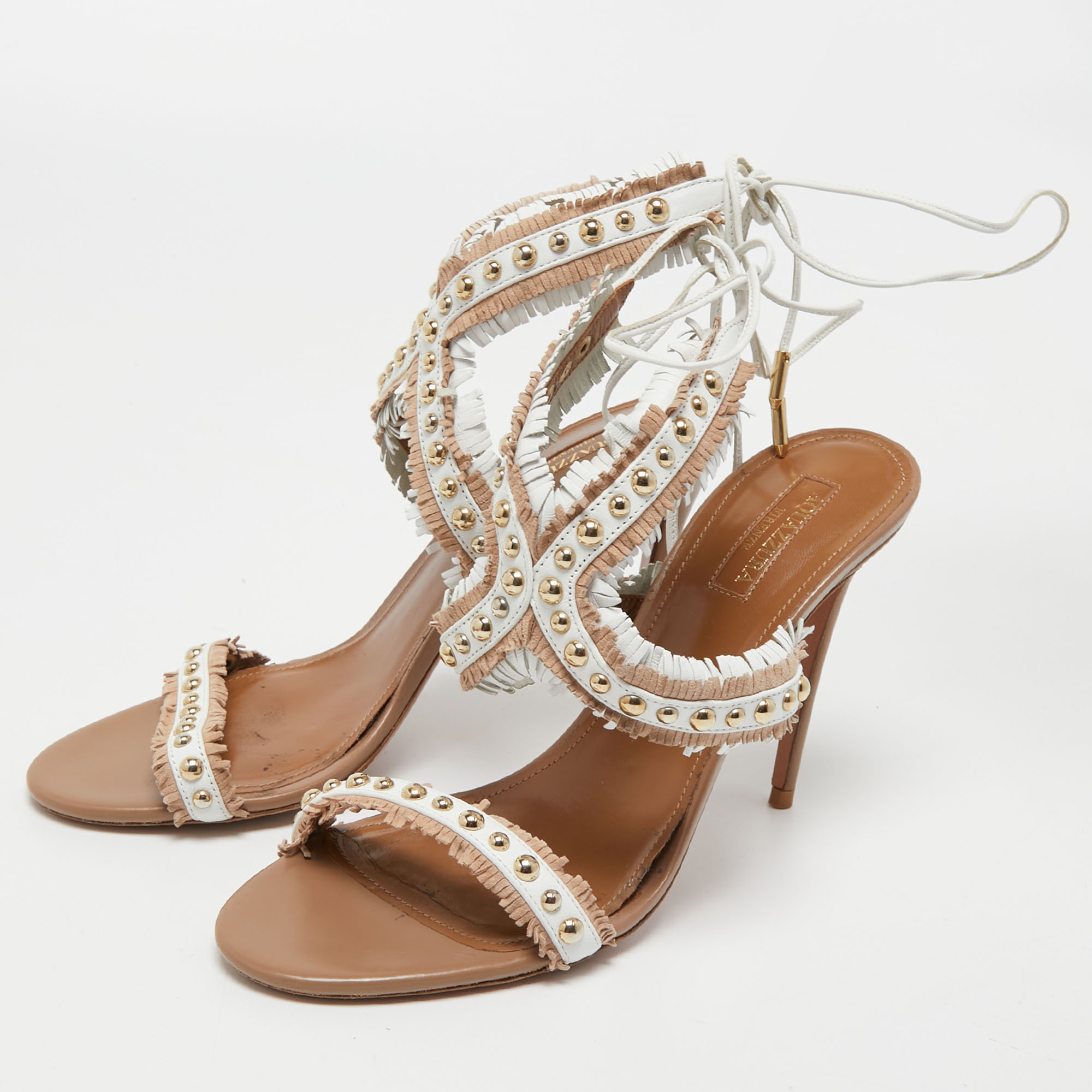 

Aquazzura White/Beige Leather Latin Lover Ankle Tie Sandals Size