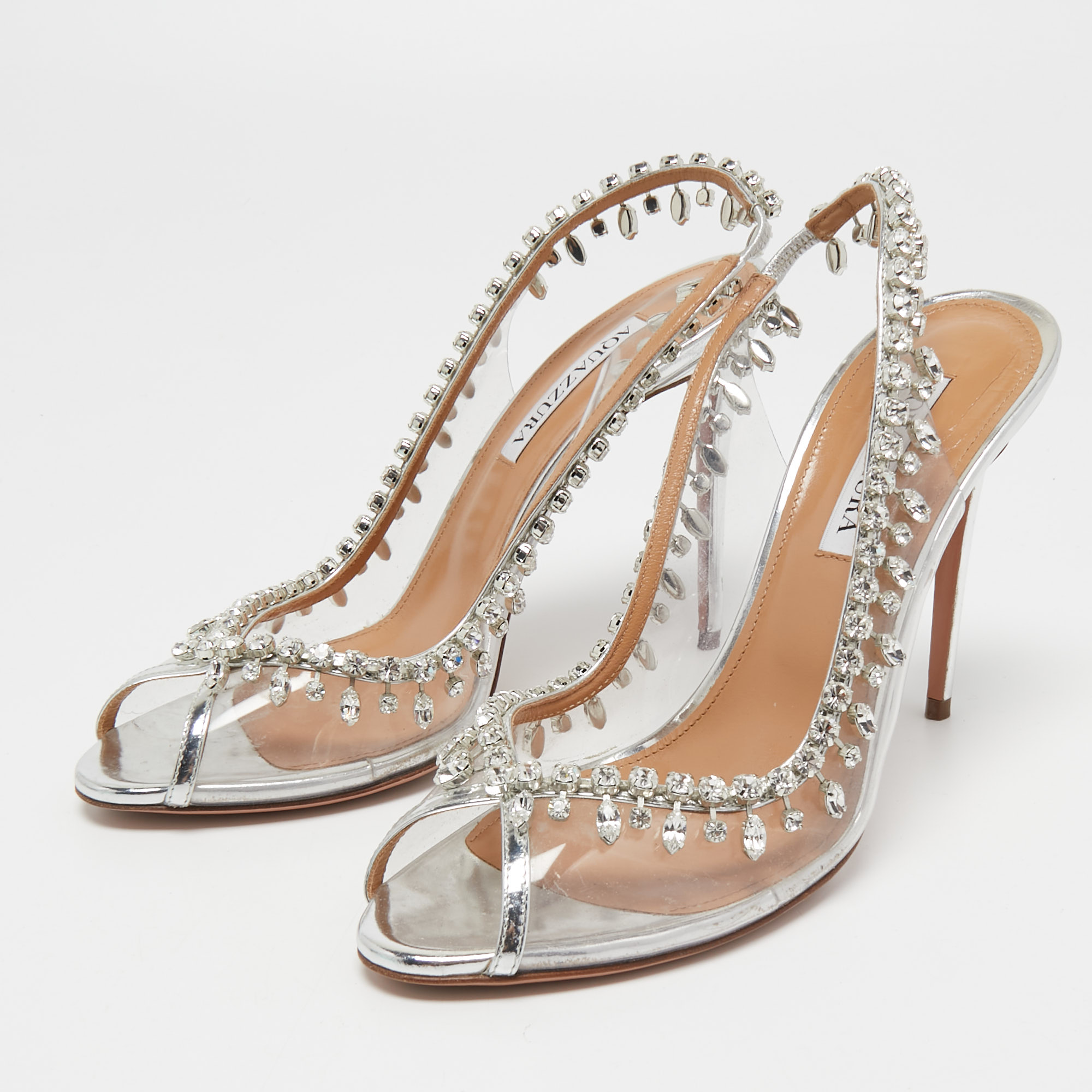 

Aquazzura Silver Leather and PVC Temptation Slingback Sandals Size