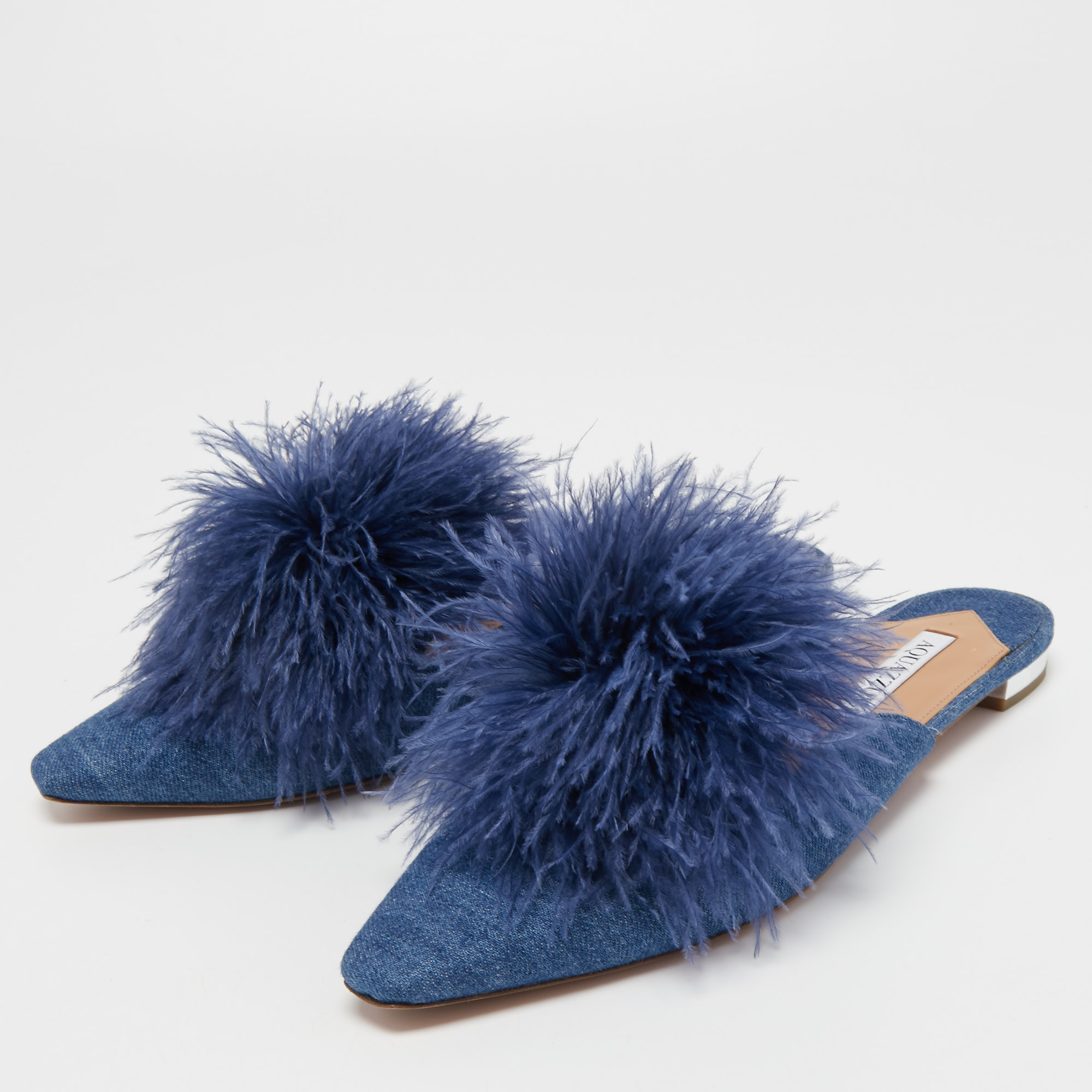 

Aquazzura Blue Denim Pompom Detail Boudoir Mules Size