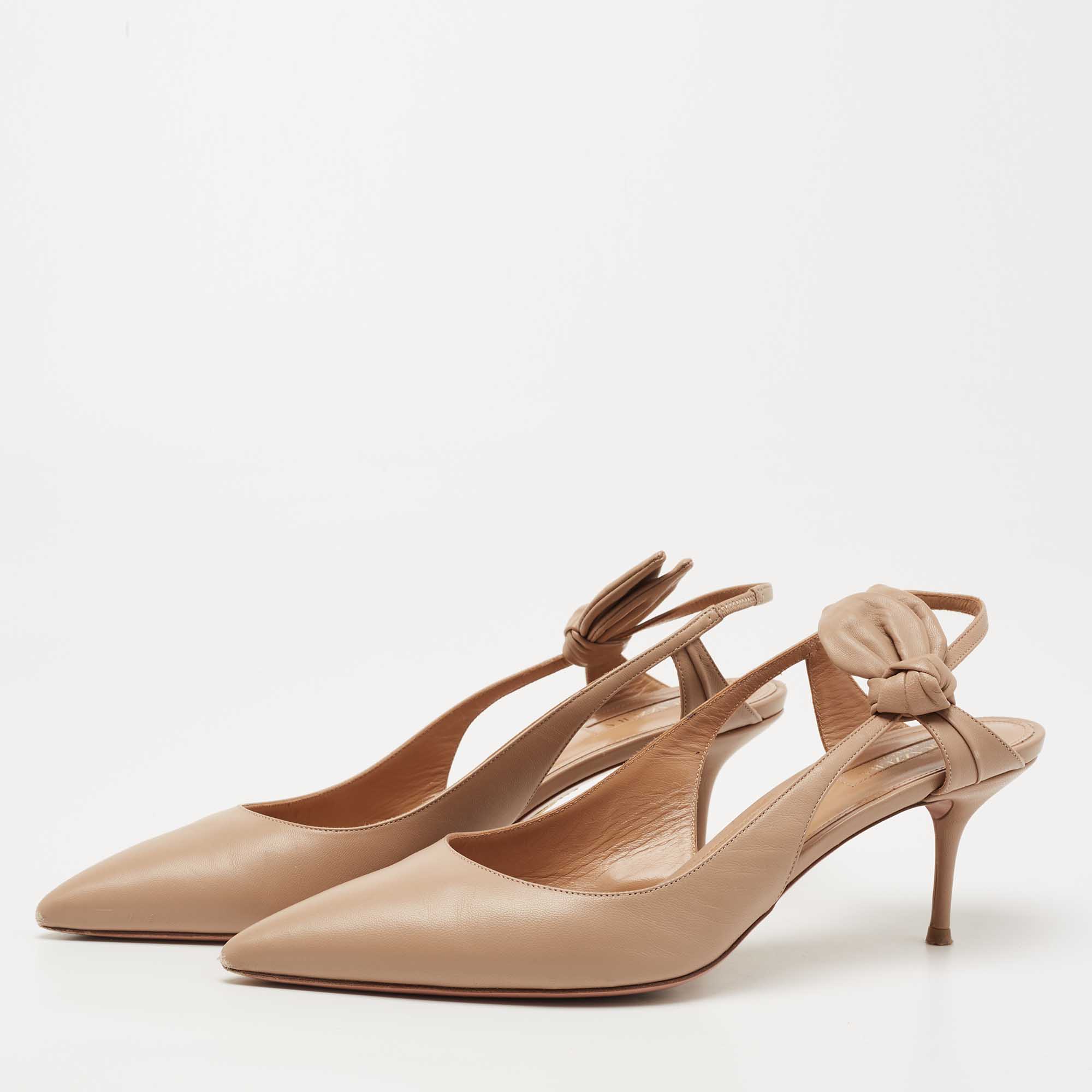 

Aquazzura Beige Leather Bow Slingback Pumps Size