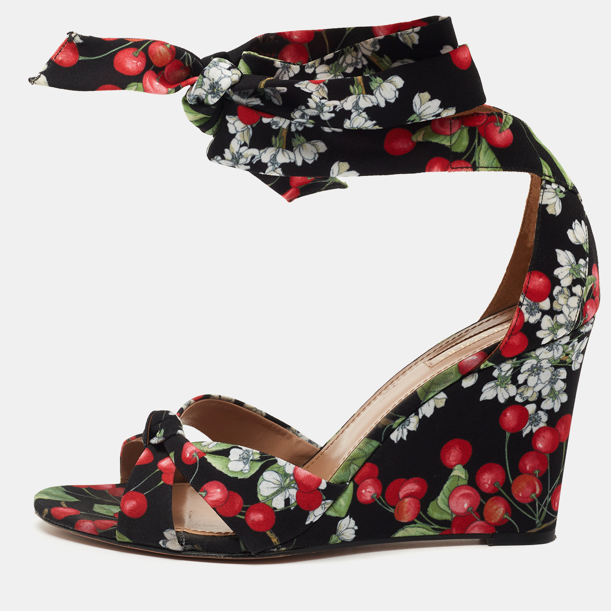 Pre-owned Aquazzura Multicolor Fabric Cherry Blossom Print Wedge Ankle Wrap Sandals Size 41