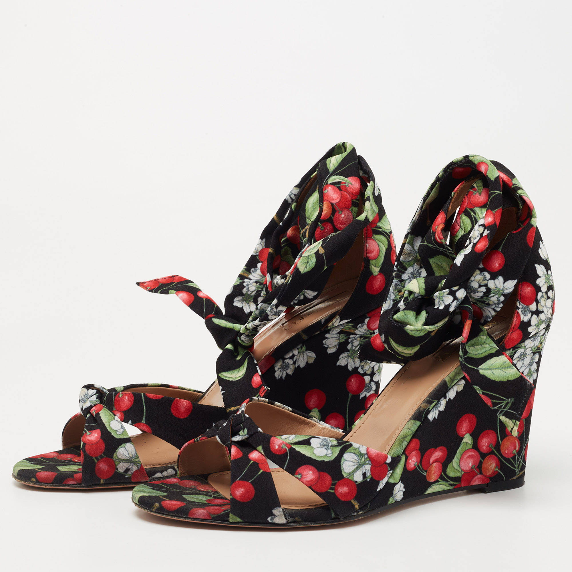

Aquazzura Multicolor Fabric Cherry Blossom Print Wedge Ankle Wrap Sandals Size