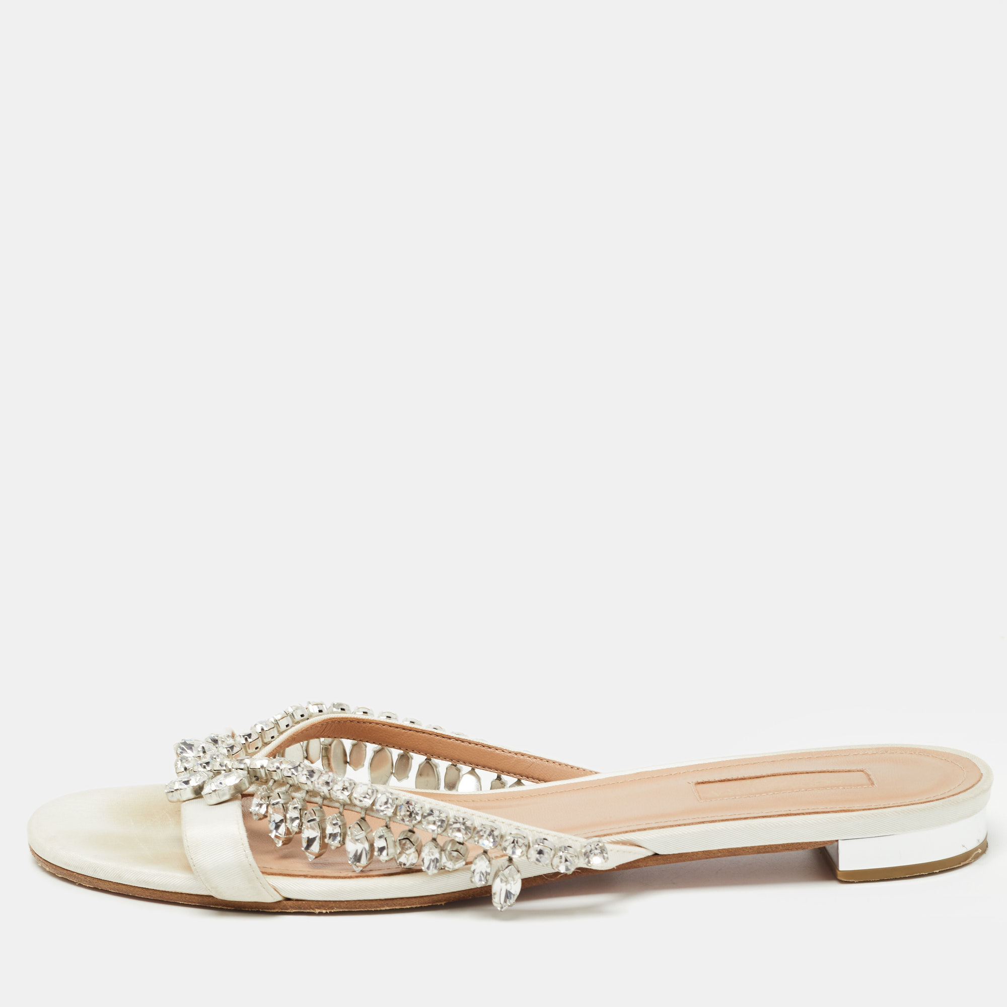 Pre Owned Aquazzura White Canvas Crystal Embellished Slide Flats Size 40