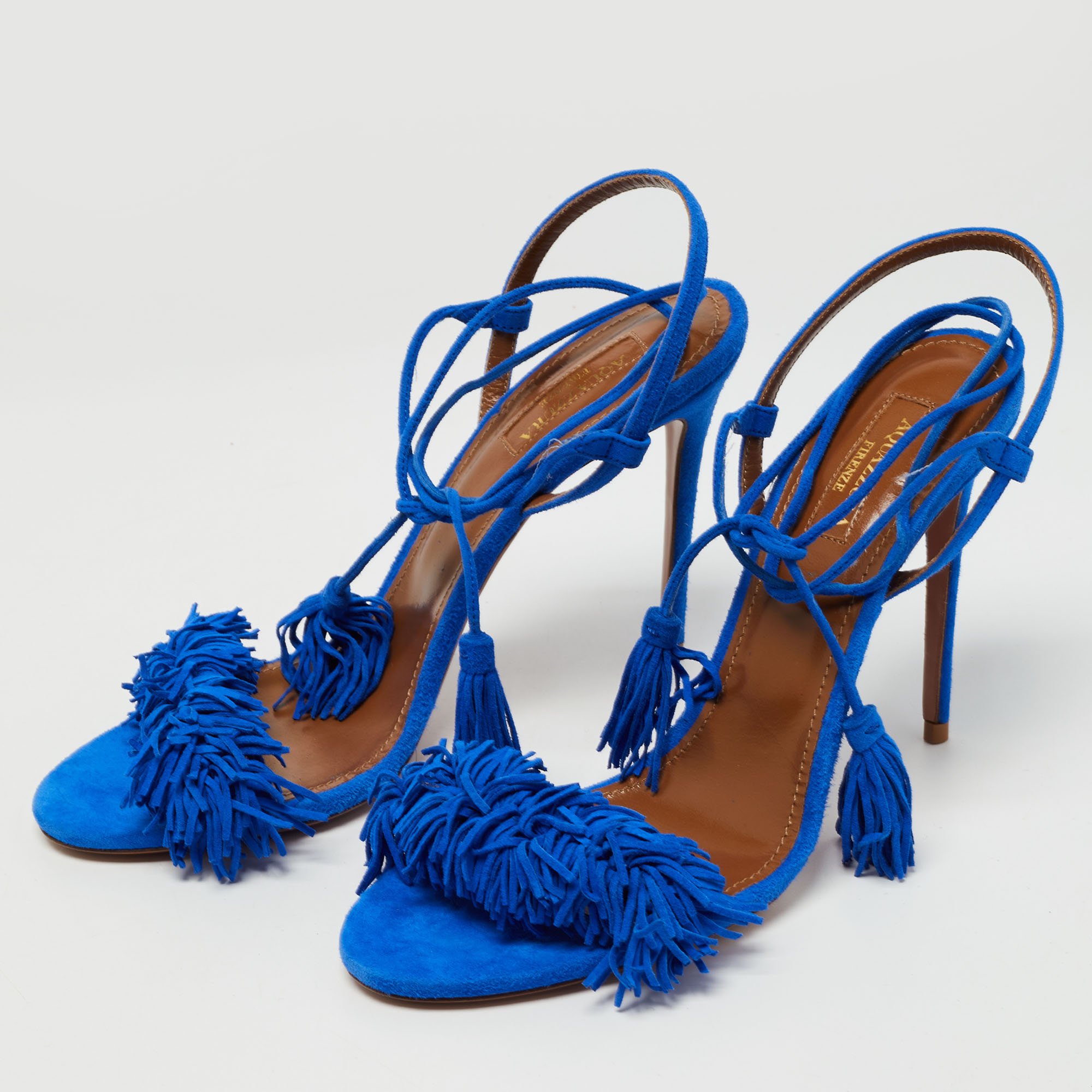 

Aquazzura Blue Suede Wild Thing Ankle Wrap Sandals Size