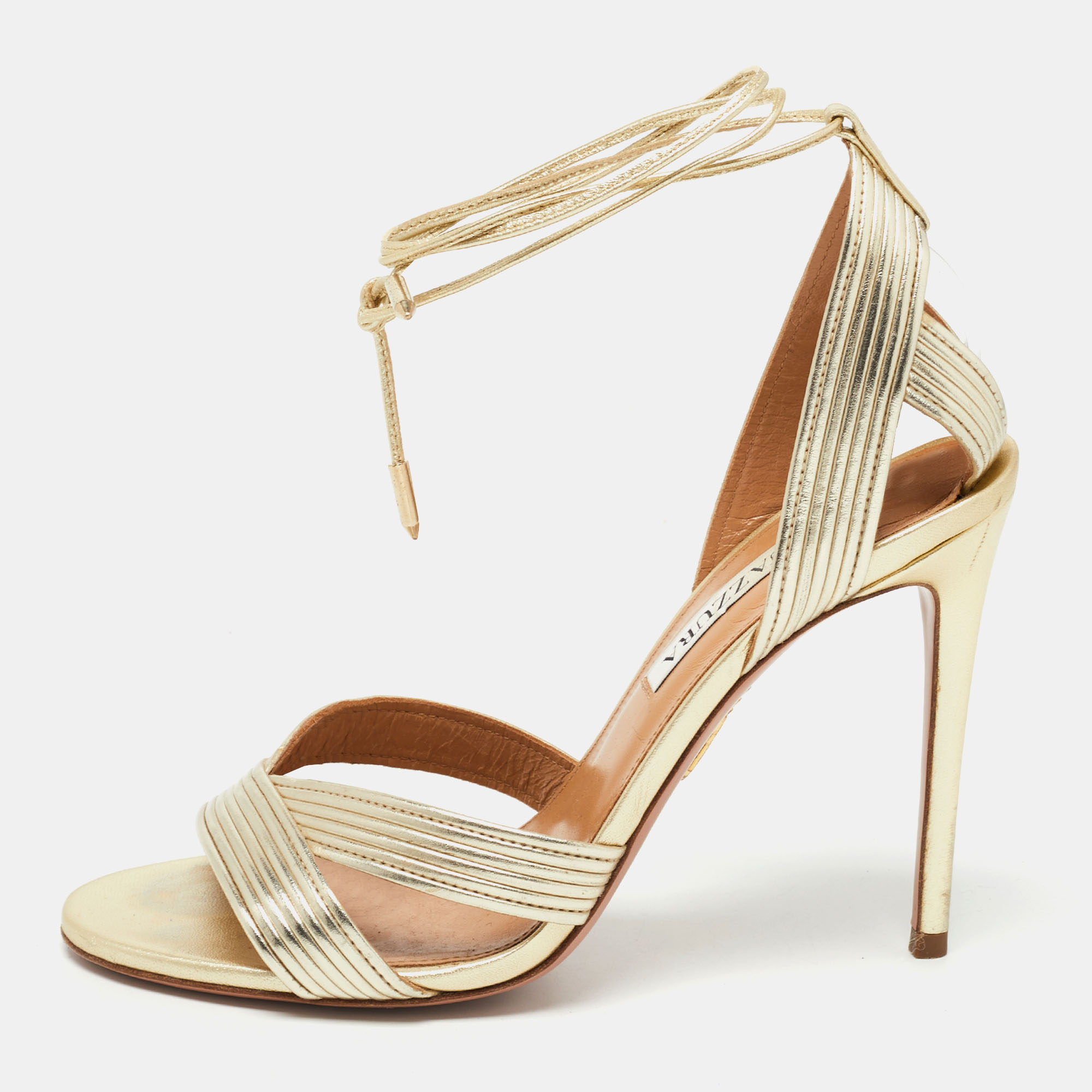 AQUAZZURA Pre-owned Metallic Gold Leather Nathalie Ankle Wrap Sandals Size 37