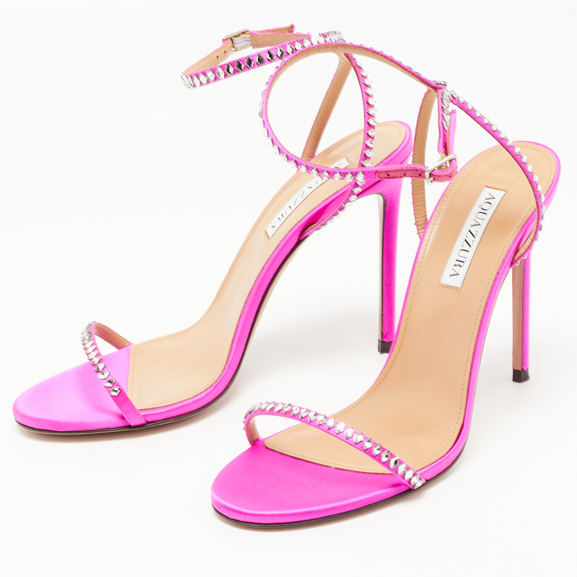 

Aquazzura Pink Satin Crystal Embellishment Ankle Strap Sandals Size