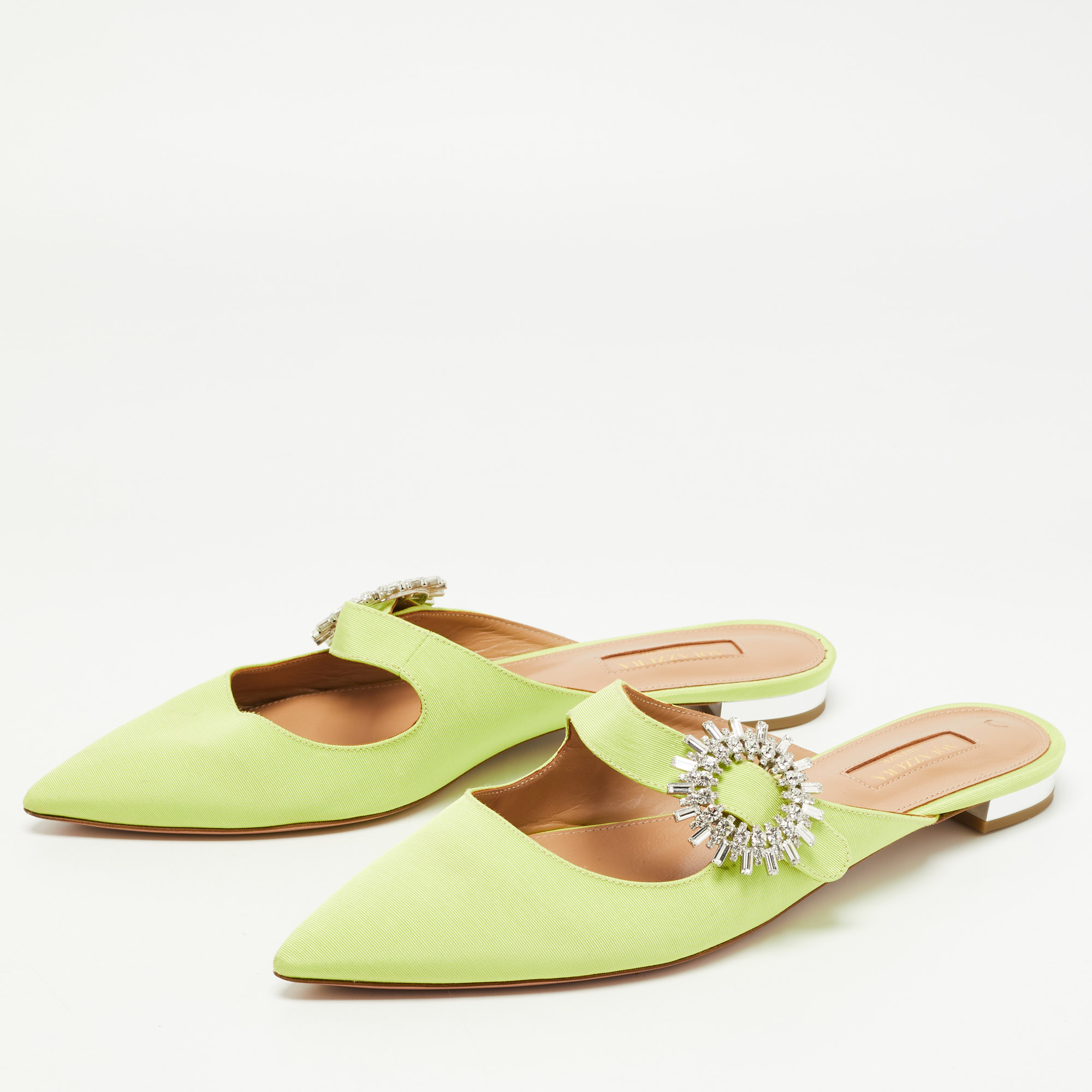 

Aquazzura Green Canvas Crystal Embellished Flat Mules Size