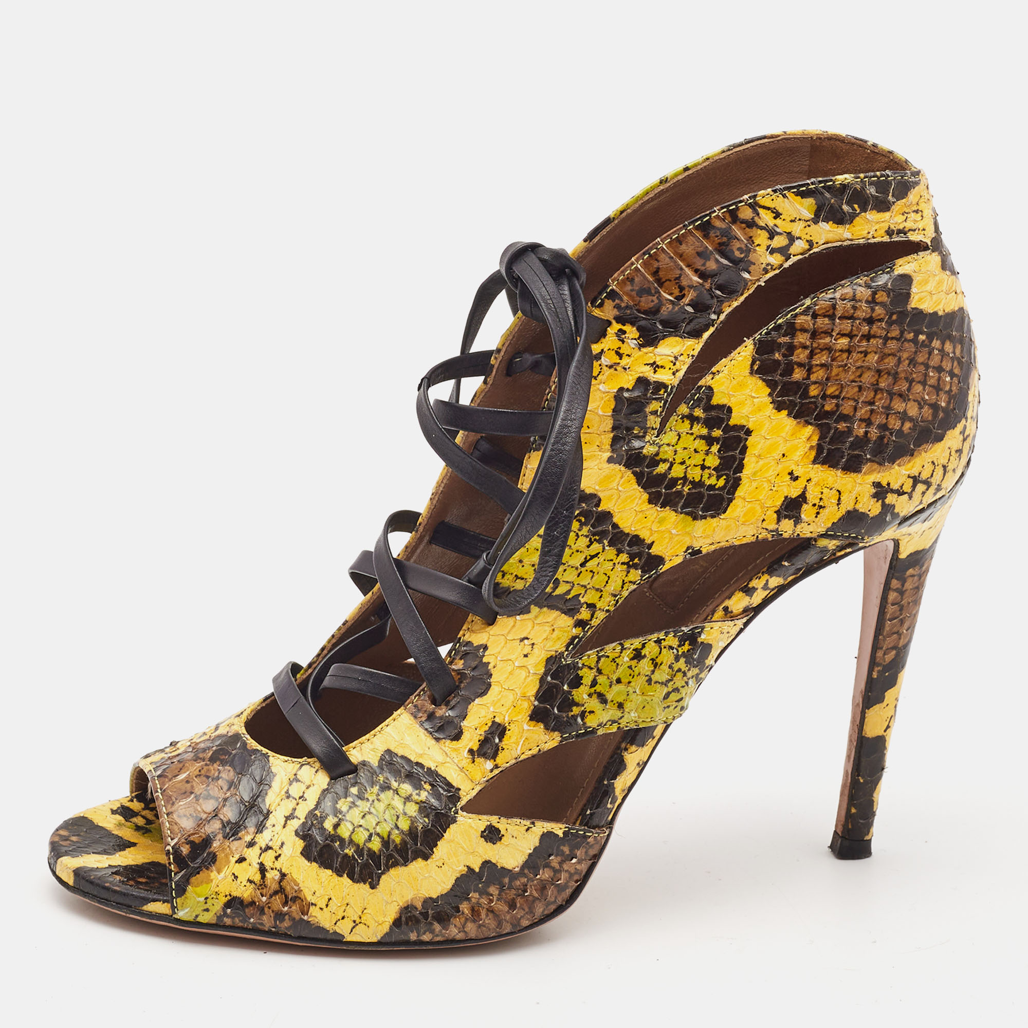 Pre-owned Aquazzura Yellow Python Open Toe Lace Up Booties Size 38