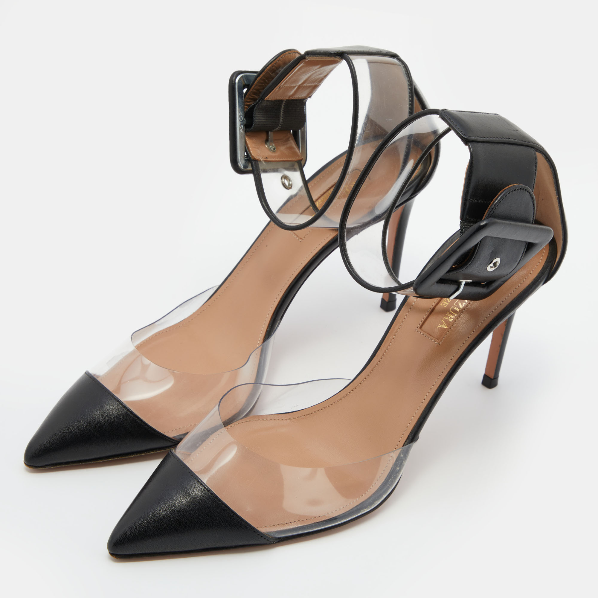 

Aquazzura Black/Transparent Leather and PVC Ankle Strap Sandals Size