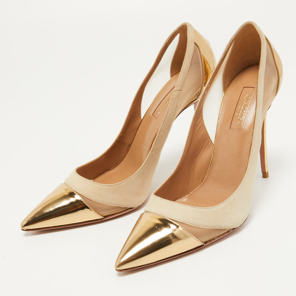 

Aquazzura Beige/Gold Suede, Leather and Mesh Savoy Pumps Size